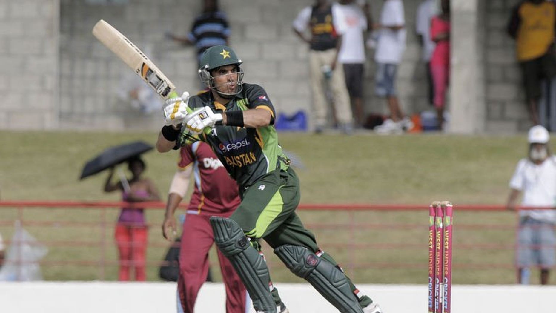 Pakistan captain Misbah-ul-Haq on his way to a half century during the 5th and final ODI West Indies v Pakistan at Beausejour Cricket Ground, St. Lucia on July 24, 2013. Pakistan defeated West Indies by four wickets in the fifth and final one-day international at Beausejour Stadium on Wednesday.