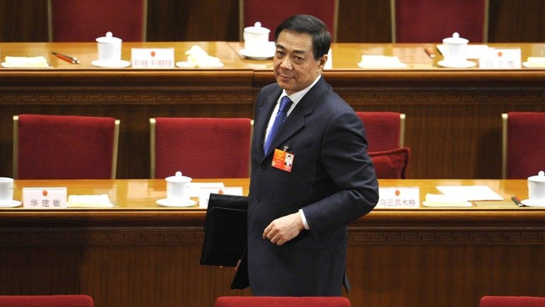 Bo Xilai attends a National People's Congress meeting as the Communist Party secretary of Chongqing, on March 9, 2012. The once-powerful politician has been indicted for bribery, corruption and abuse of power, the state news agency Xinhua said Thursday.
