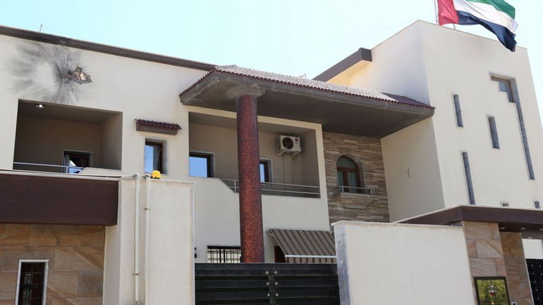 Photo shows a hole in the wall of the United Arab Emirates' (UAE) embassy building in Tripoli on July 24, 2013. Unknown attackers fired a rocket at the UAE embassy in the Libyan capital causing little damage and no casualties, the interior ministry said, in the latest assault targeting foreign missions in the country.