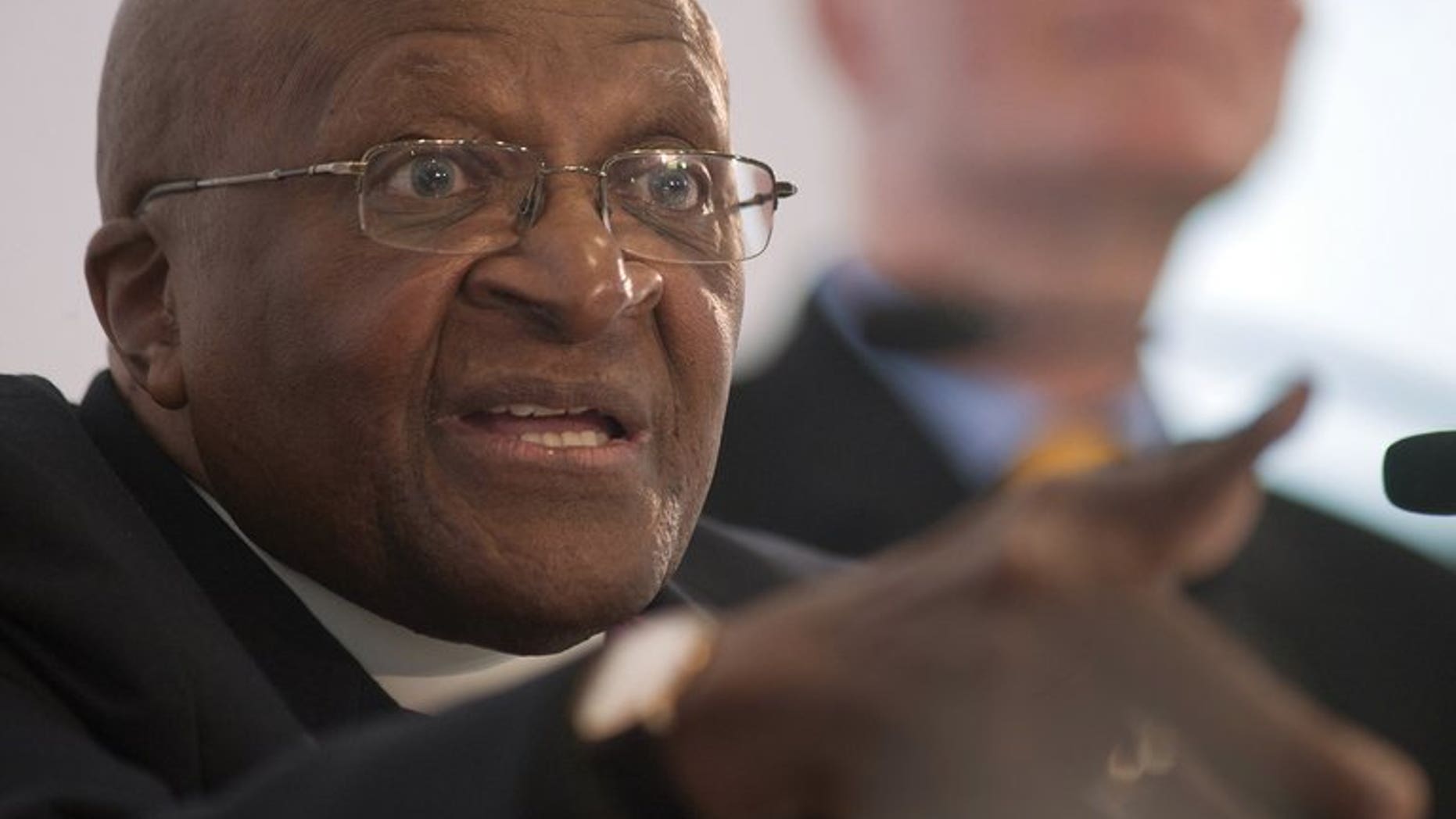 Archbishop Emeritus and Nobel Peace Laureate Desmond Tutu speaks at the launch of Free and Equal, a UN campaign for lesbian, gay, bisexual and transgender (LGBT) equality, on July 26, 2013 in Cape Town.