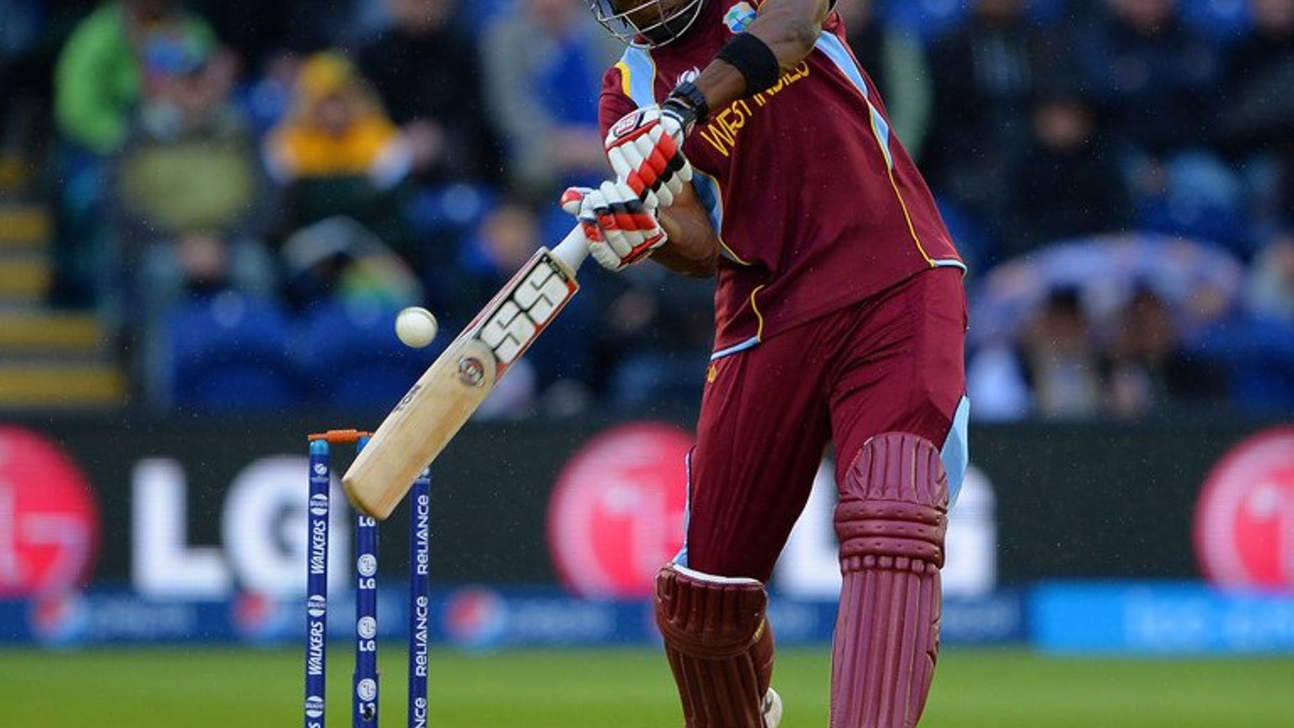 West Indies' Kieron Pollard bats on June 14, 2013. Late hitting by him and captain Darren Sammy lifted the West Indies to a competitive 152 for seven against Pakistan in the first Twenty20 international at the Arnos Vale Stadium.