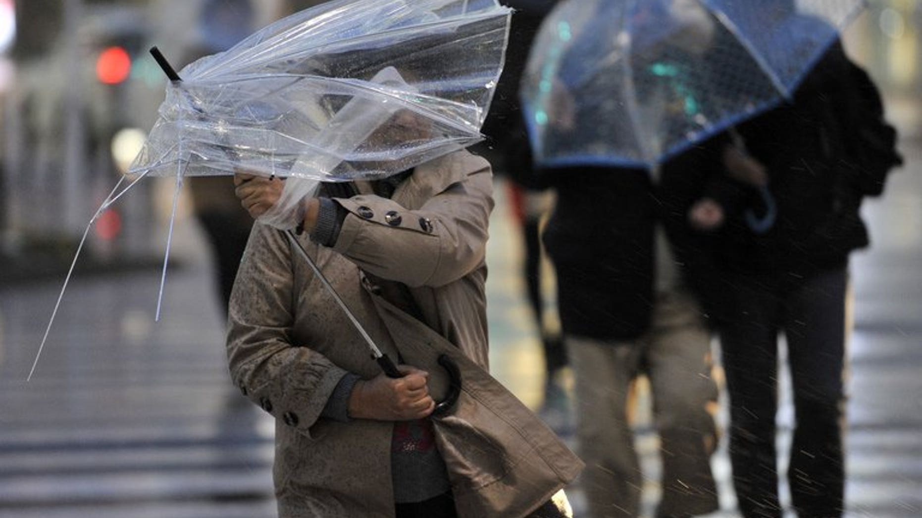 This file photo shows pedestrians struggling amid strong wind in Tokyo, on April 3, 2012. Heavy rains lashed Japan over the weekend, leaving one person dead and two missing, the government said on Monday as it issued a severe storm warning.