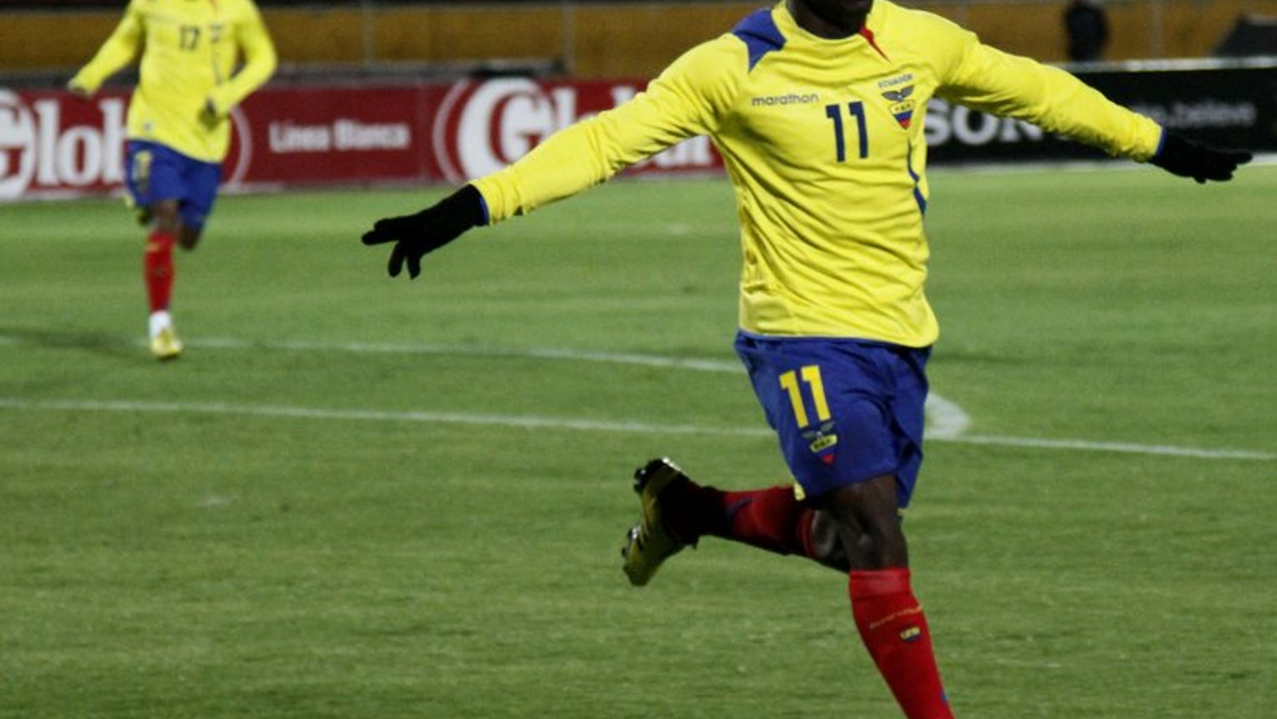 Ecuadorean player Christian Benitez celebrates after scoring against Venezuela in Quito on November 17, 2010. Benitez has died suddenly in Qatar at the age of 27, his agent Jose Chamorro said.