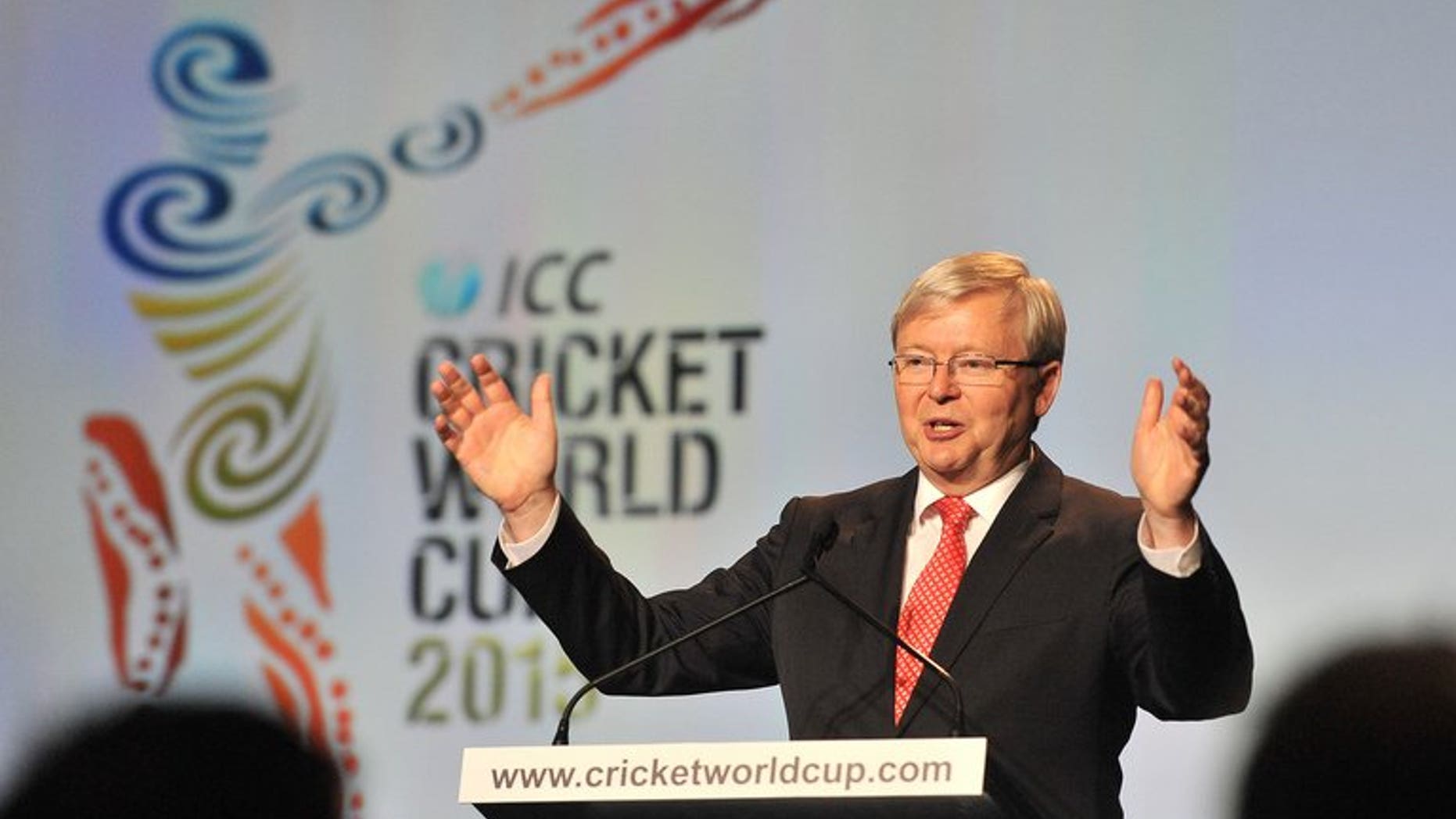 Australia's PM Kevin Rudd addresses guests at the official launch of the 2015 Cricket World Cup, in Melbourne, on July 30 2013. The tournament will be run across 14 Australian and New Zealand cities with the final to be staged at the Melbourne Cricket Ground (MCG) on March 29, 2015.