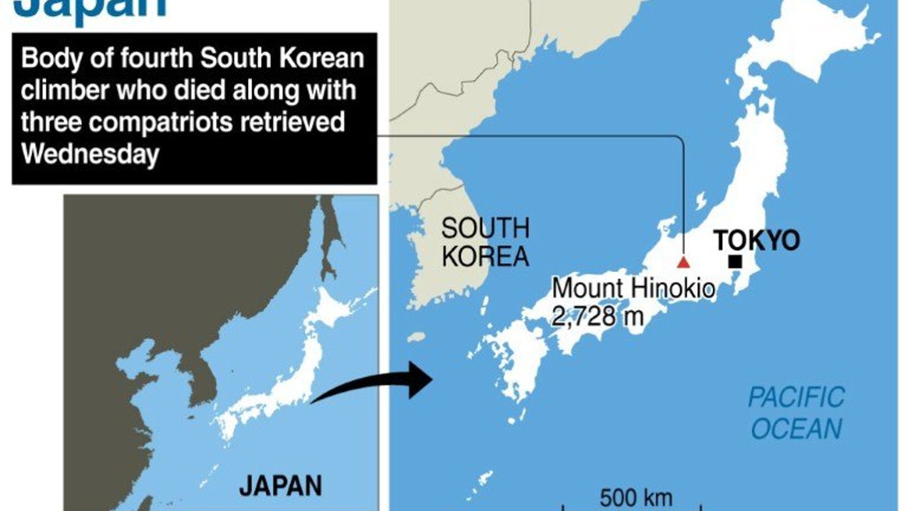Graphic showing Japan's Mount Hinokio, where the body of a fourth South Korean climber who died along with three compatriots has been retrieved, Japanese police said Wednesday.