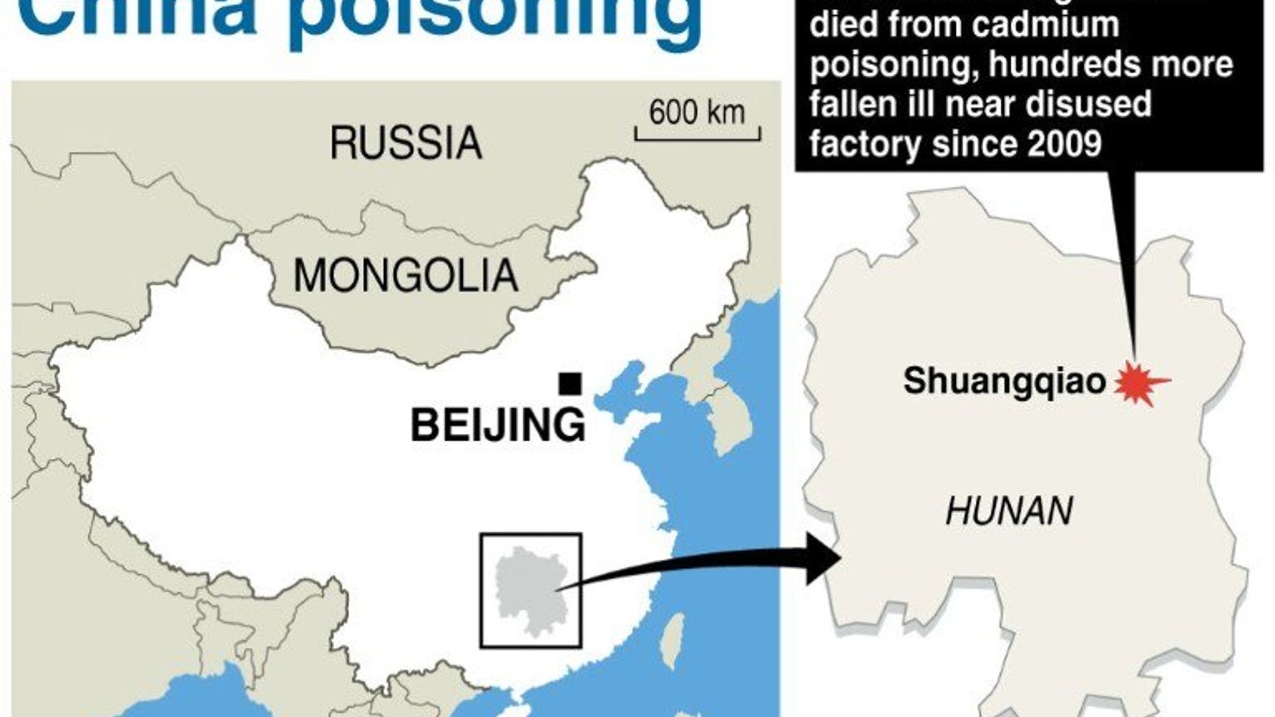 Graphic showing Shuangqiao in Hunan province, where at least 26 villagers have died from cadmium poisoning and hundreds fallen ill since 2009.