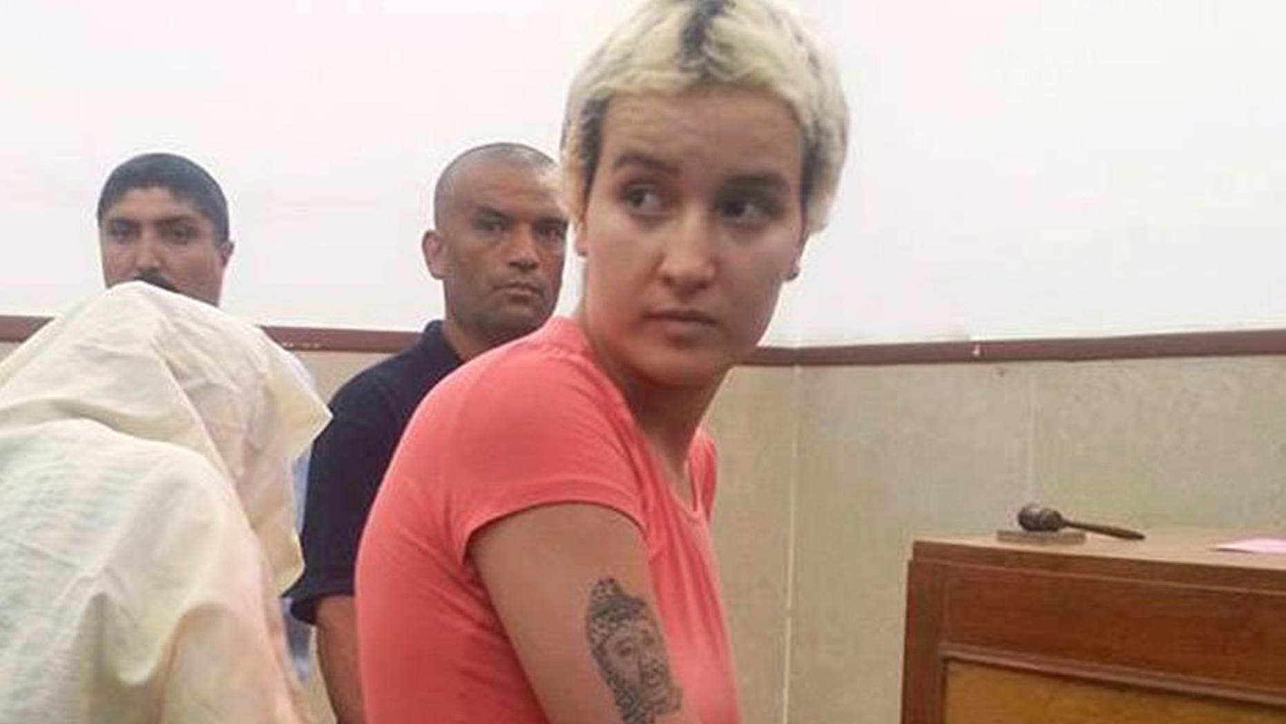 Amina Sboui at M'saken court, south of Tunis, last Monday. The Tunisian judiciary on Thursday ordered the release of Femen activist Amina Sboui pending trial for desecrating a cemetery, her lawyer Halim Meddeb told AFP.