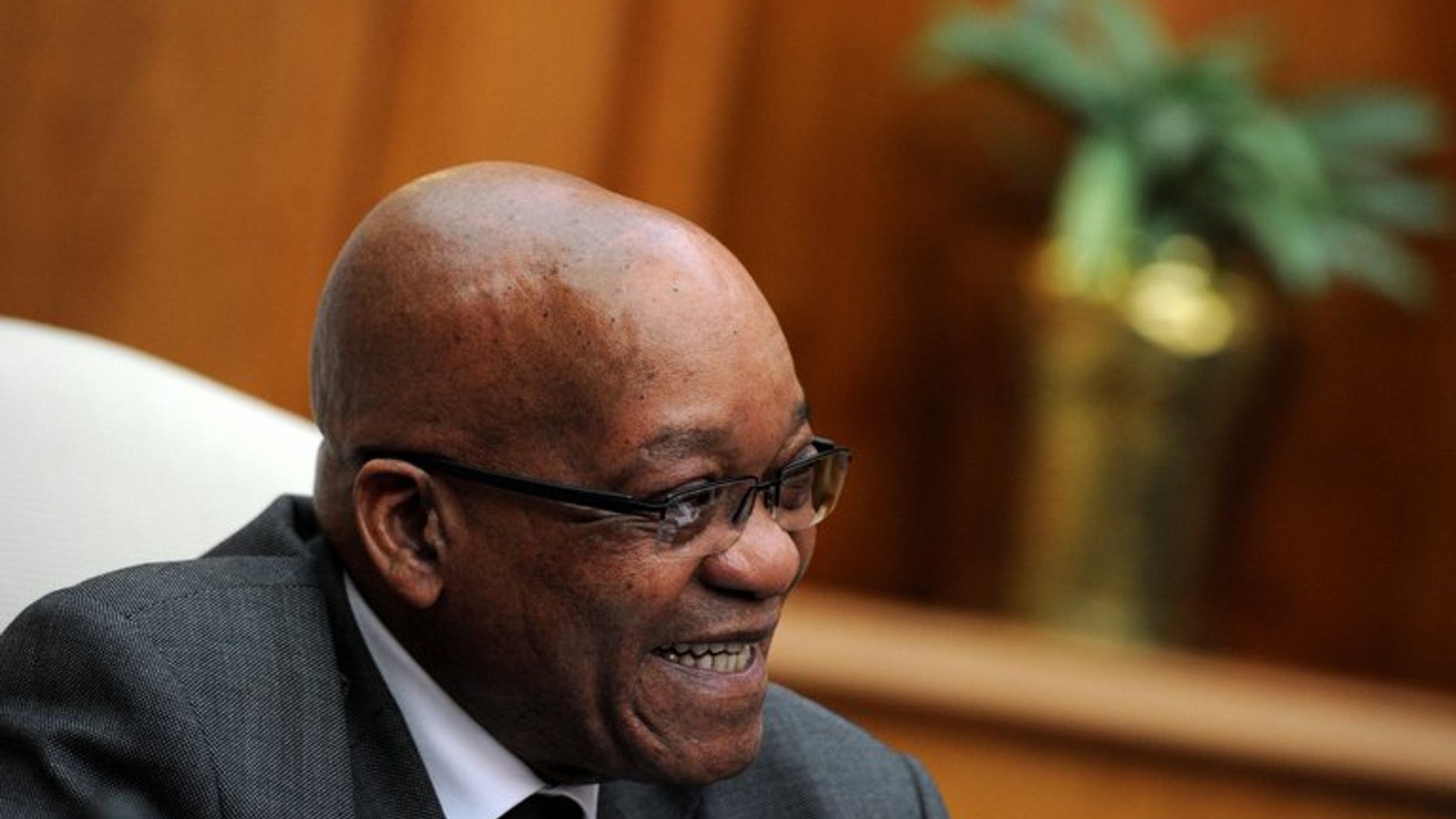 South Africa President Jacob Zuma gives a press conference on July 29, 2013 at the Unions Building in Pretoria. South Africa's loss-making public broadcaster on Thursday launched a 24-hour news channel, with President Zuma saying it should help diversify media coverage.