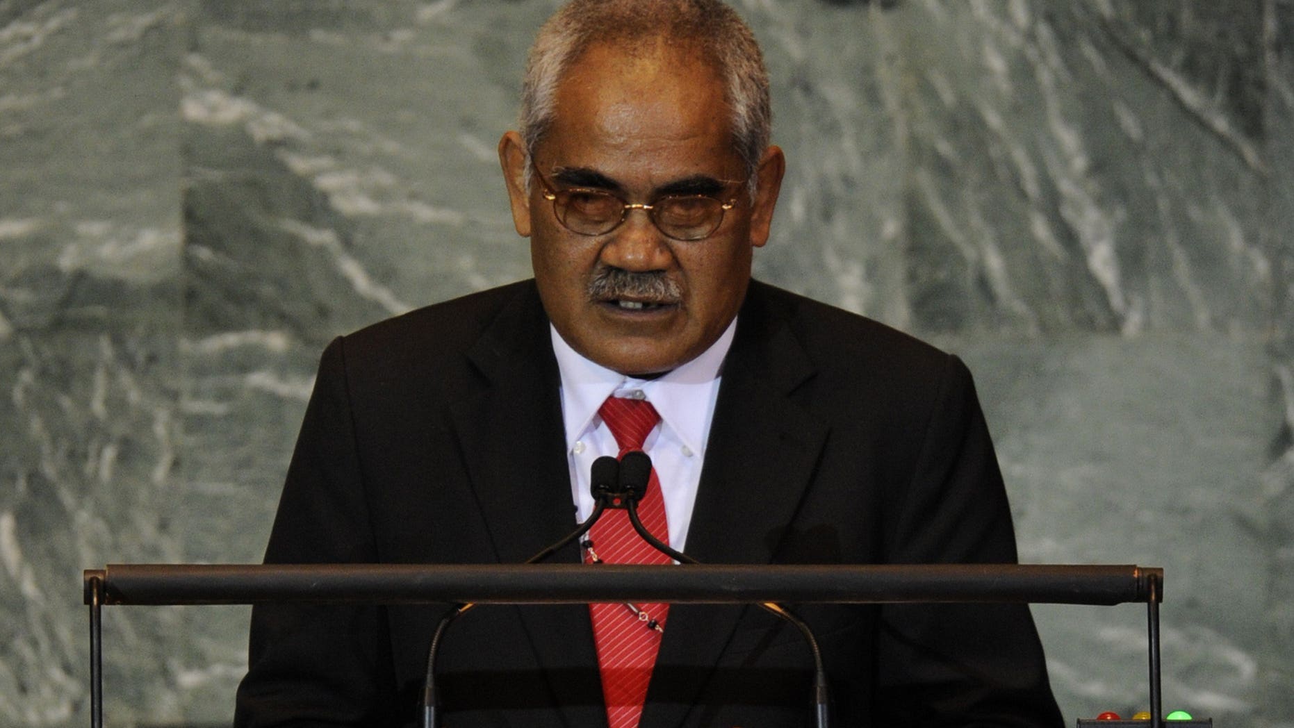 In this file photo, Willy Telavi, Prime Minister of Tuvalu, addresses the UN General Assembly in New York, on September 24, 2011. Tiny Pacific nation was caught in a constitutional crisis on Friday after Telavi and governor general tried to sack each other, sources in the capital Funafuti said.