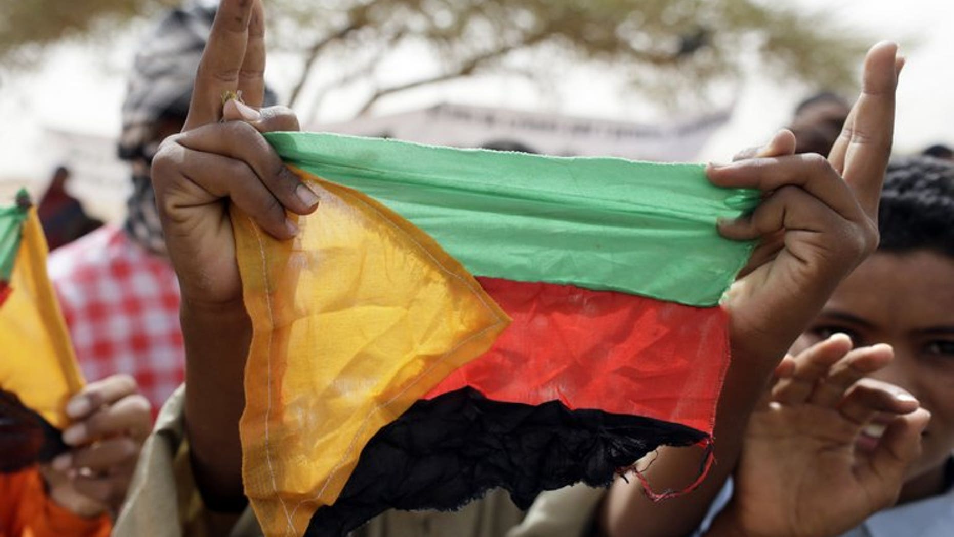 A Tuareg holds the flag of the National Movement for the Liberation of Azawad (MLNA) during a demonstration in Kidal on July 28, 2013. Tuareg rebels will fight Mali's newly-elected rulers if no negotiated solution is reached to grant their northern homeland of Azawad autonomy, a senior Tuareg rebel official warned.