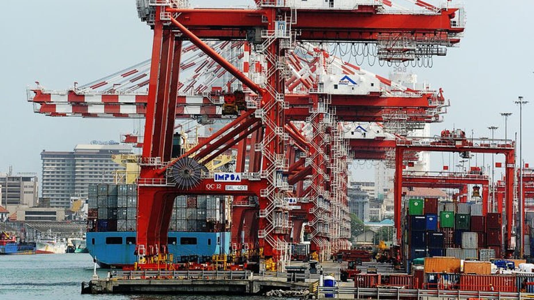 This photograph taken on July 24, 2013, shows a container ship at the state-run Jaya Container Terminal of the port of Colombo. A $500 million Chinese-built port opens Monday in Sri Lanka, giving Beijing a vital foothold on the world's busiest international shipping lane as it seeks to secure maritime supply routes.