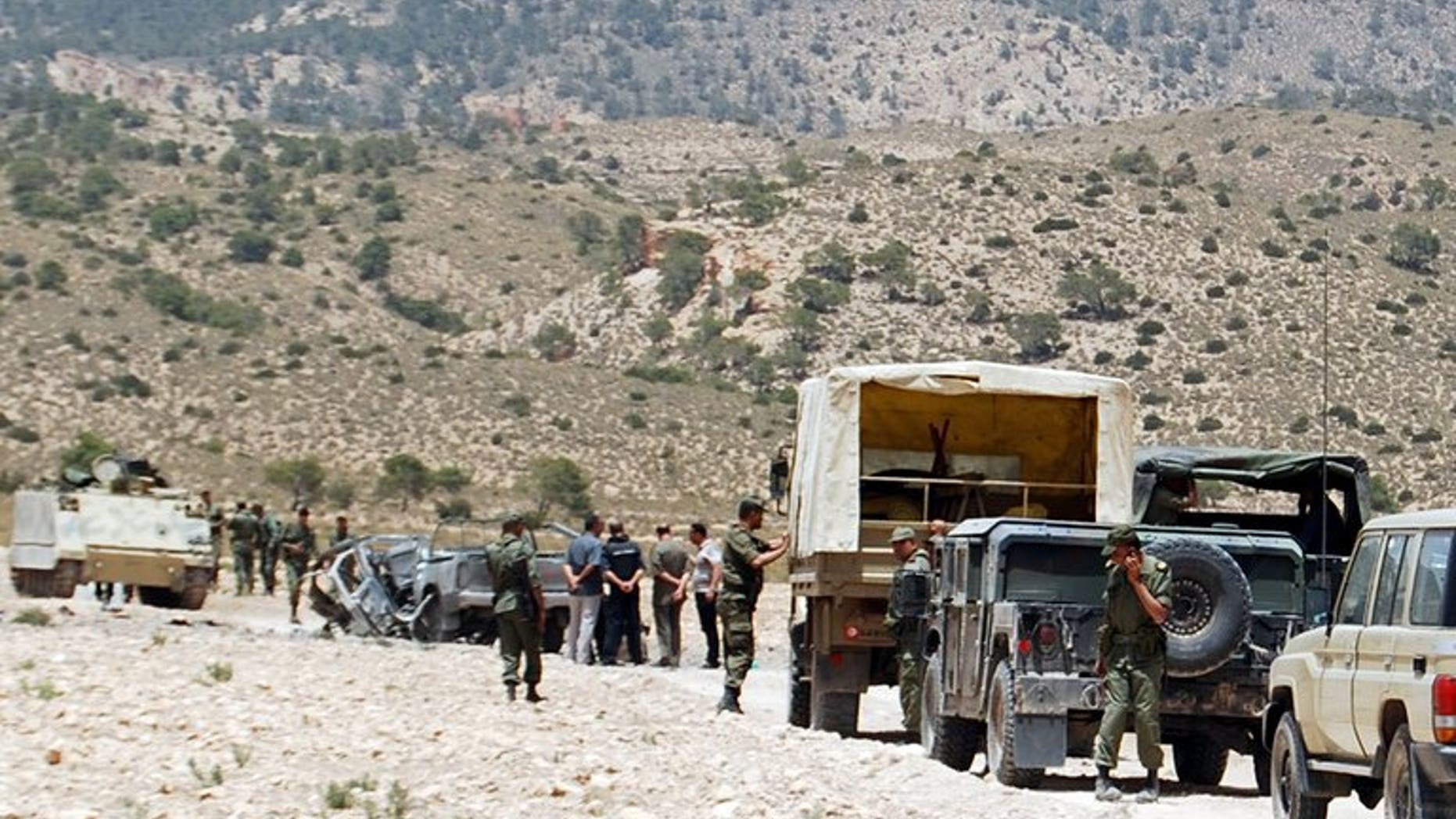 The Tunisian army stands guard in the mountainous border region near Algeria on June 6, 2013. Tunisia's army on Monday bombarded suspected jihadist positions in a rugged mountain range near the Algerian border, as it kept up operations against Islamists following a deadly ambush on troops.