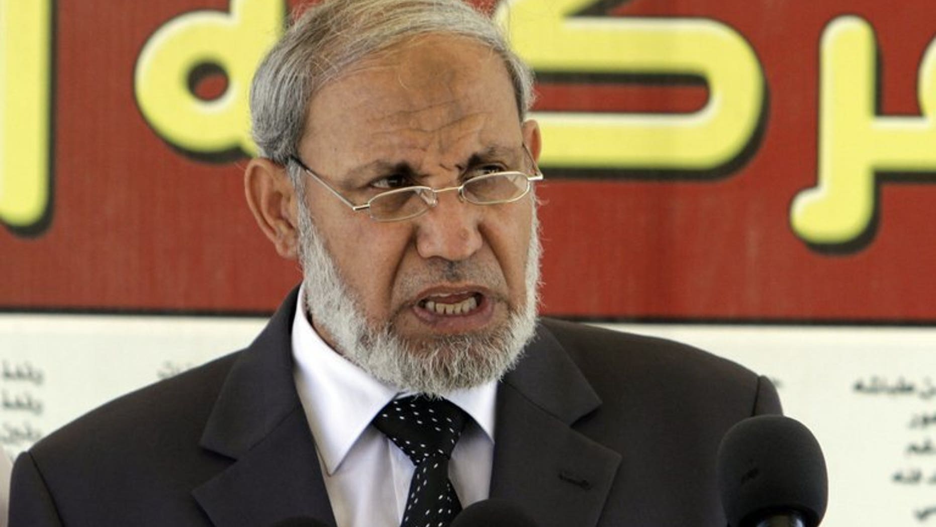 Hamas leader Mahmoud Al-Zahar speakes during a press conference at the Legislative Council in Gaza City on July 7, 2011. Gaza Strip rulers Hamas on Monday said peace talks with Israel were "futile," repeating its rejection of negotiations that are due to resume between Palestinians and Israelis this week.