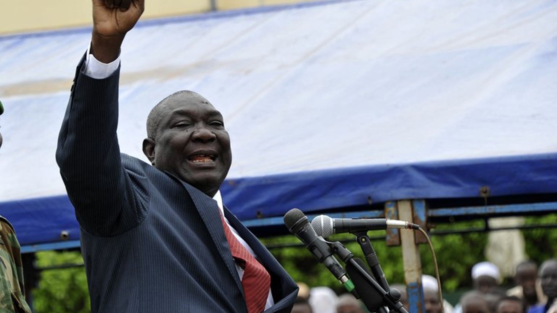 Central African Republic's interim leader Michel Djotodia speaks in Bangui on March 30, 2013. Djotodia promised to fight against the spread of weapons in the country, still suffering the aftermath of a coup earlier this year.