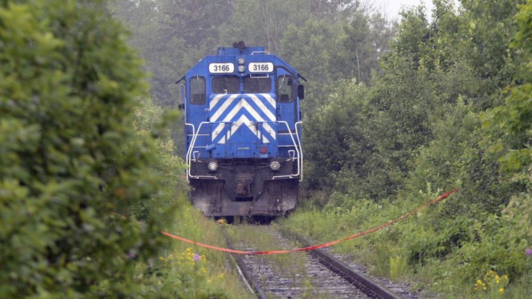 A train from the MMA (Montreal, Maine and Atlantic) railway is viewed as it was stopped on July 9, 2013 near Lac -Megantic, Quebec. MMA, the Canadian railway company at the heart of a deadly accident that flattened part of a Quebec town, lost its operating permit Tuesday on grounds it lacks sufficient insurance.