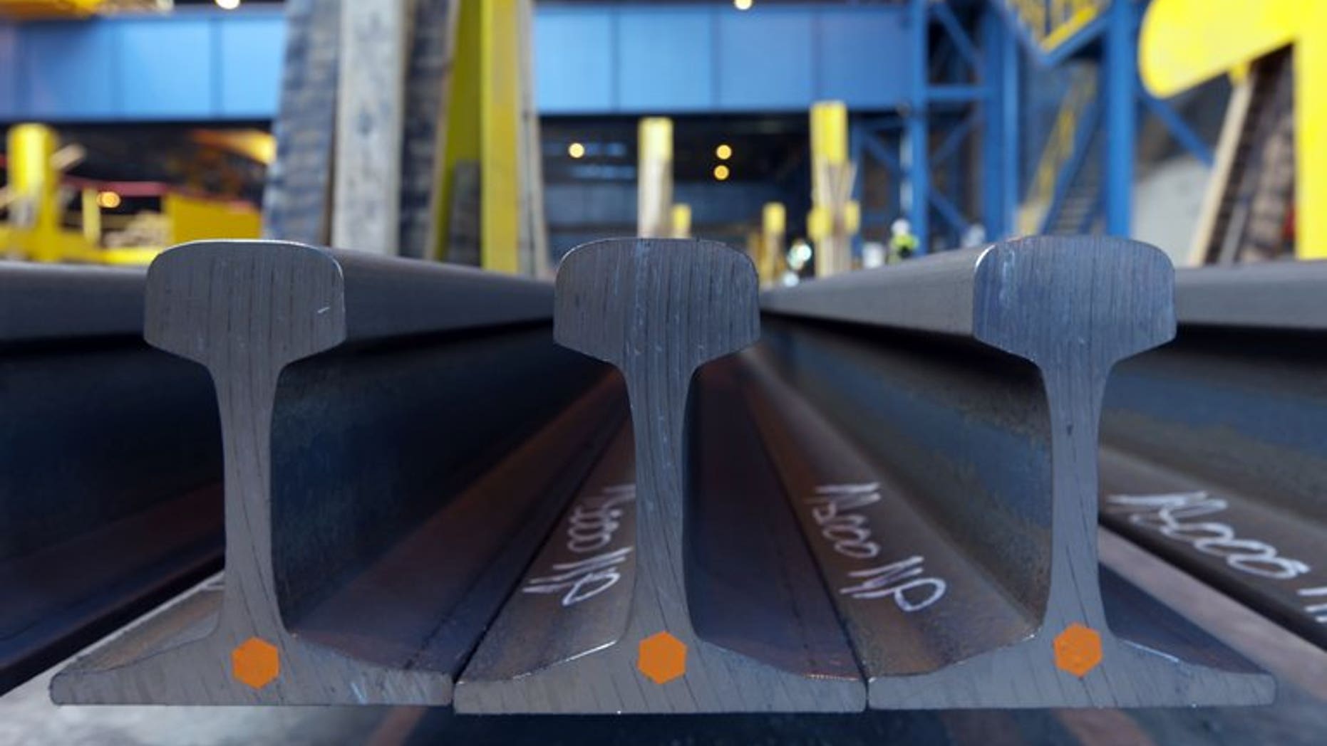Rails for the high-speed networks are stored at Tata Steel France Rail plant in Hayange on September 29, 2011. India's Tata Steel, one of the world's biggest steelmakers, Tuesday said its quarterly net profit nearly doubled from a year ago due to lower costs and a "robust" performance in local and European markets.