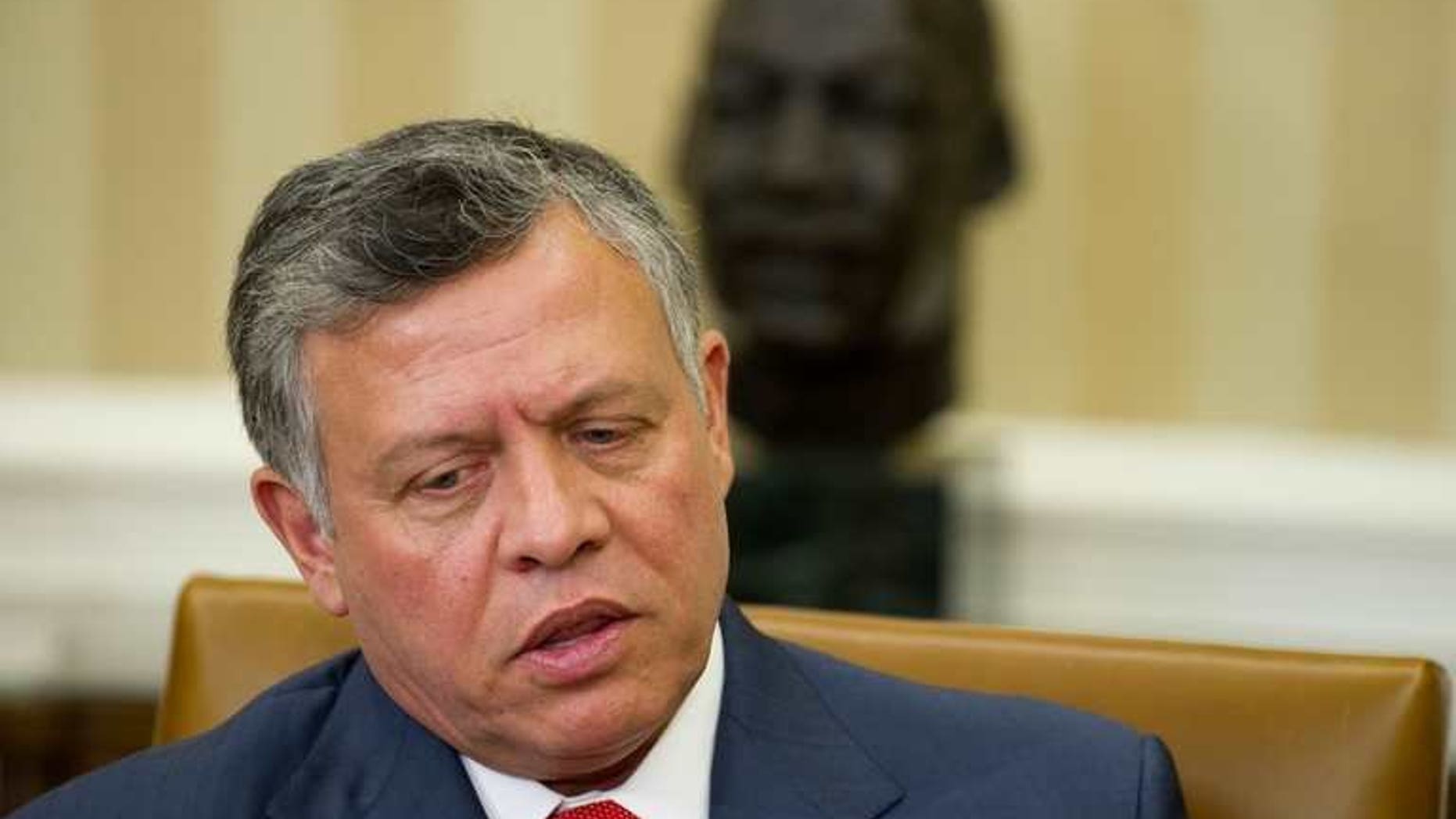 Jordan's King Abdullah II holds talks with US President Barack Obama (unseen) at the White House in Washington, on April 26, 2013. Abdullah has held talks with US army chief General Martin Dempsey on developments in the Middle East and boosting ties.