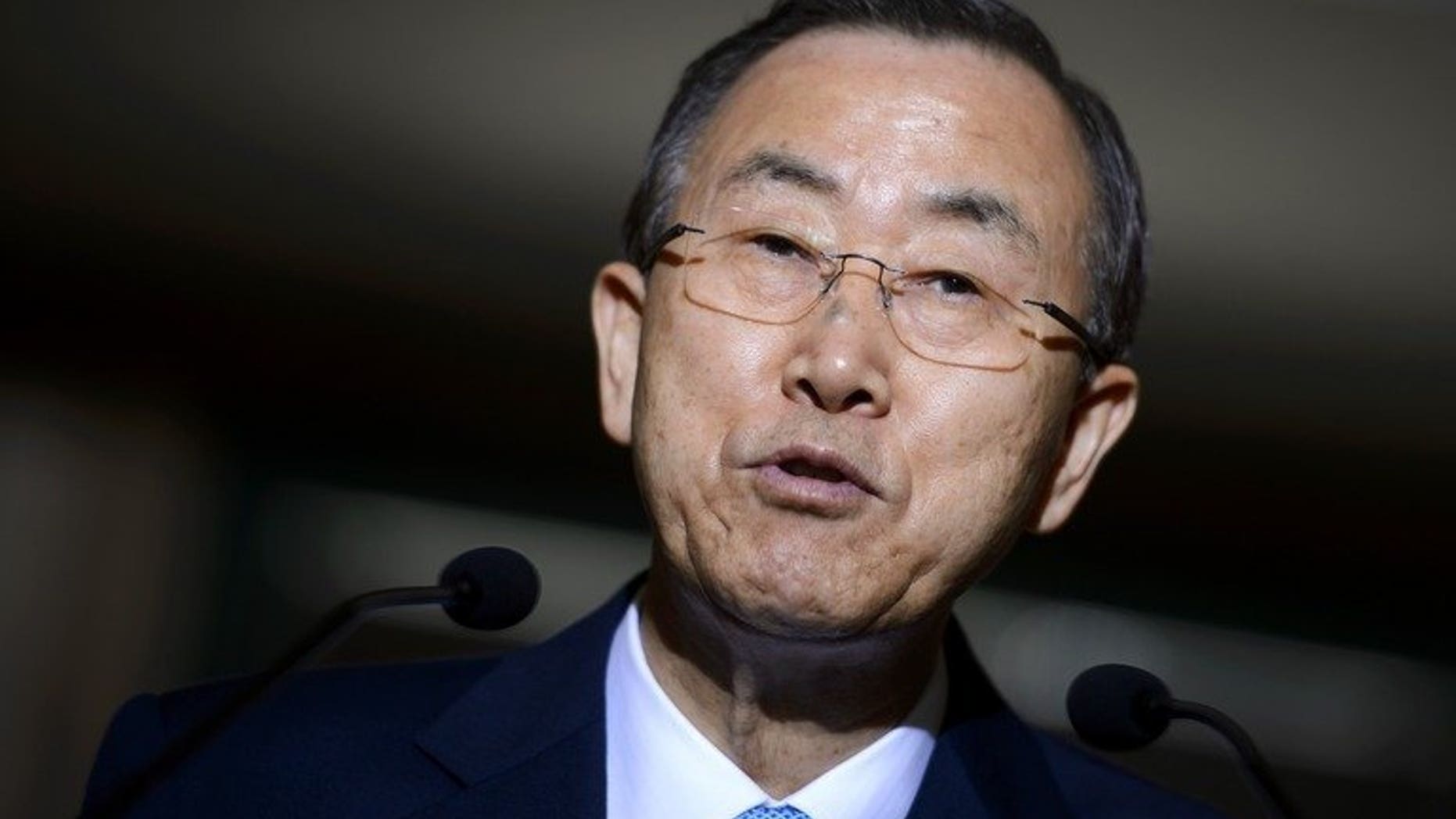 United Nations Secretary-General Ban Ki-moon answers journalists' questions in Geneva, on July 1, 2013. Ban has urged Israelis and Palestinians to have "patience" with their peace talks so that they might have a chance to succeed.