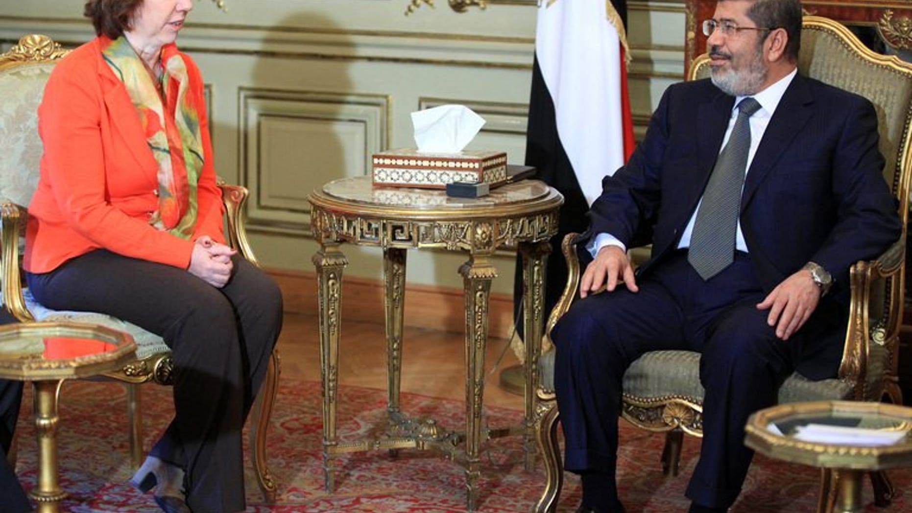 EU foreign policy chief Catherine Ashton meets Mohamed Morsi in Cairo in April. The European Union has said top officials from its 28 members will meet Monday to review the crisis in Egypt, where a military crackdown has left hundreds dead.