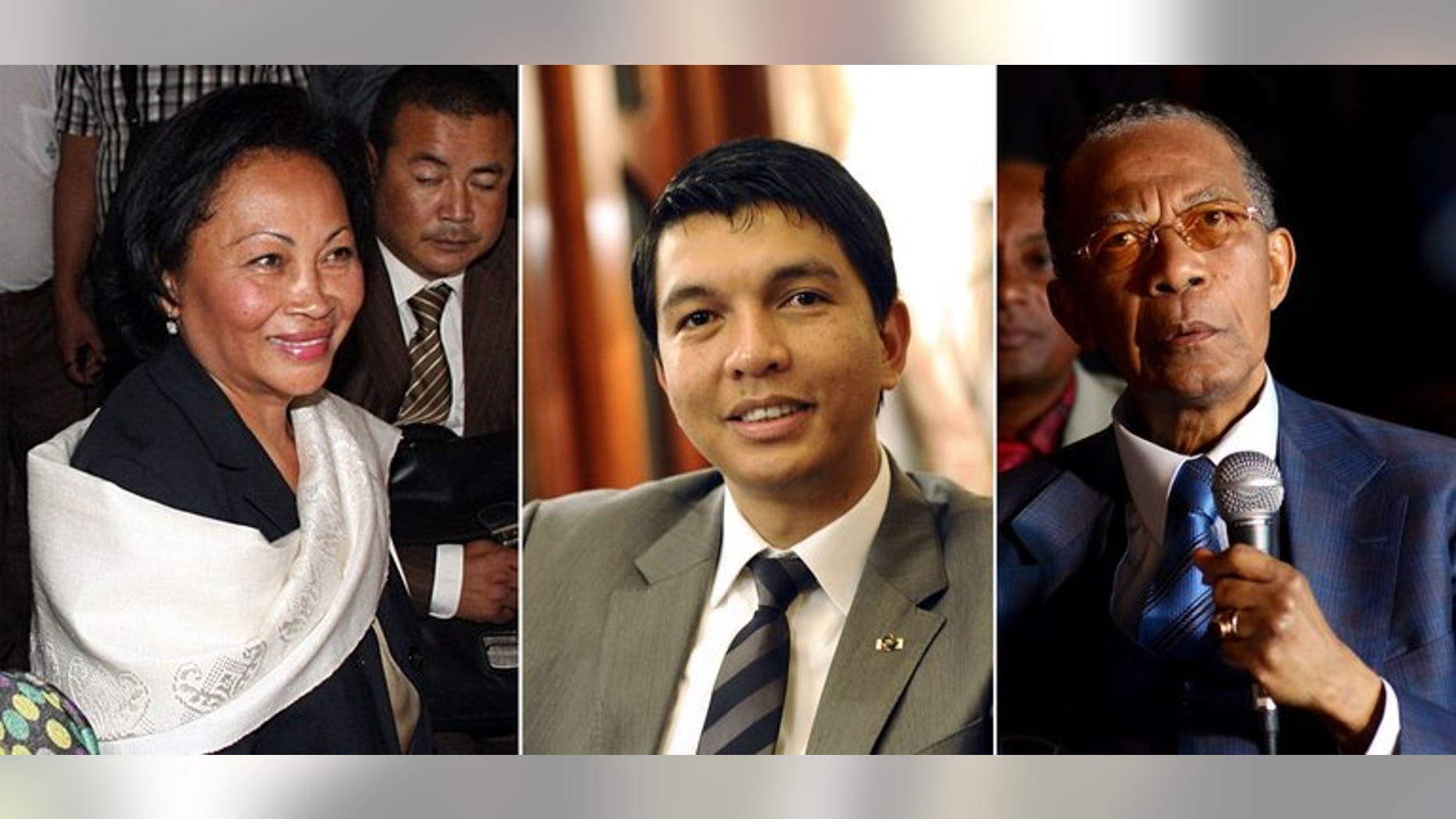A combination of file pictures made on June 5, 2013 shows Madagascar's presidential candidates (L-R) Lalao Ravalomanana, Andry Rajoelina and Didier Ratsiraka. Madagascar's electoral court has removed the names of three presidential hopefuls whose candidacies had delayed key elections on the Indian Ocean island, a roll published on August 17, 2013 showed.