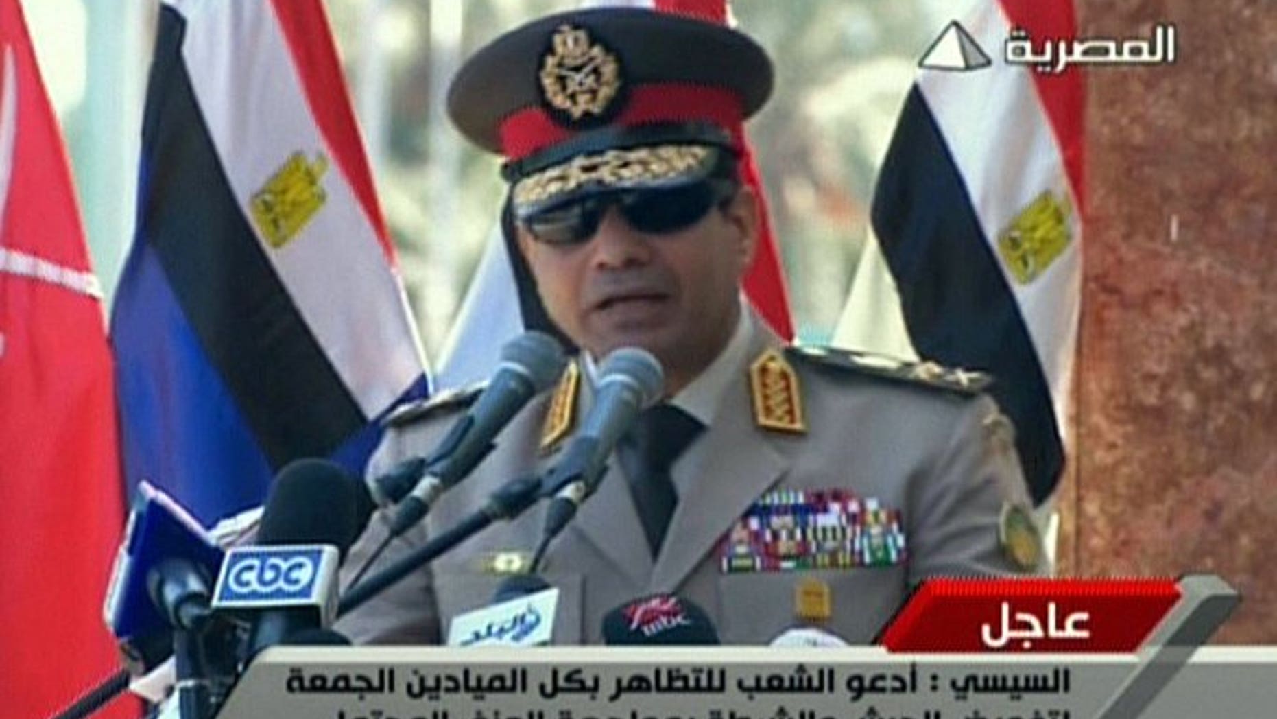 An image grab taken from Egyptian state TV shows Egypt's army chief General Abdel Fattah al-Sisi giving a live broadcast calling for public rallies to give him a mandate to fight "terrorism and violence". Egypt's army chief vowed Sunday to stand firm in the face of violence by Islamists, in his first remarks since a deadly crackdown on supporters of ousted president Mohamed Morsi.