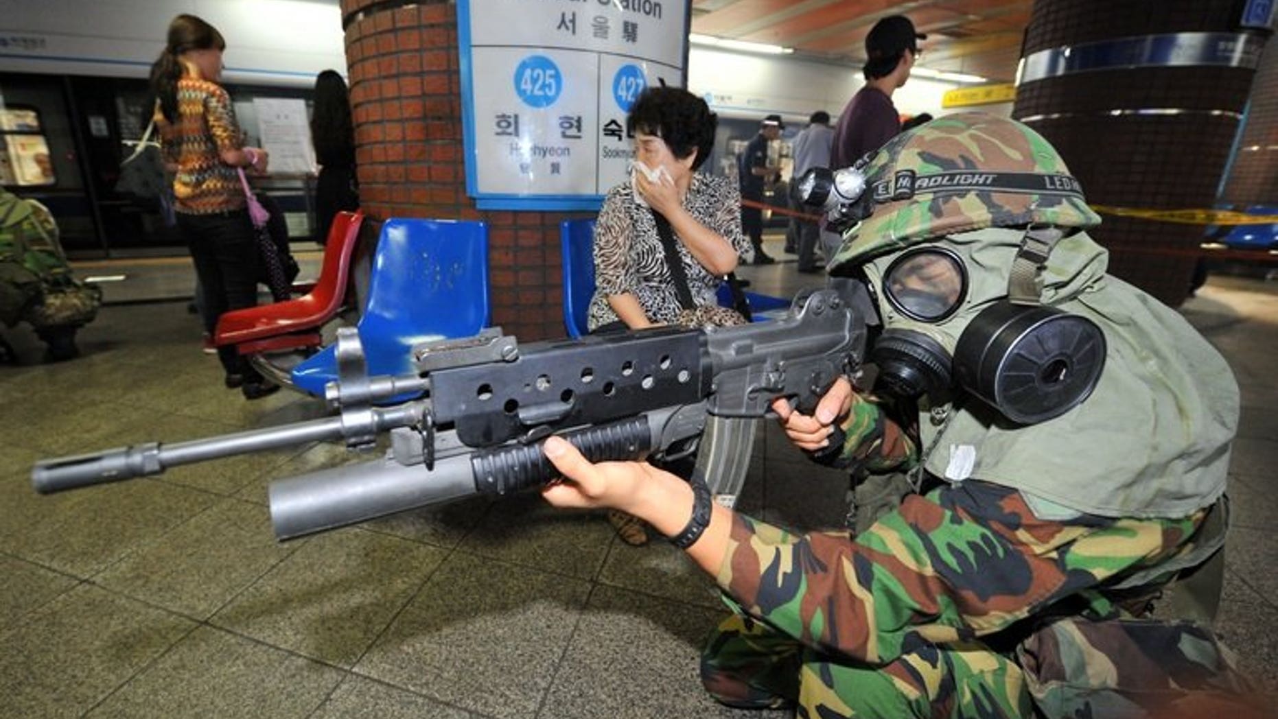 A South Korean soldier during joint military exercises with the US on August 21, 2012. Fresh exercises, known as Ulchi Freedom Guardian drill, involve more than 80,000 South Korean and US troops
