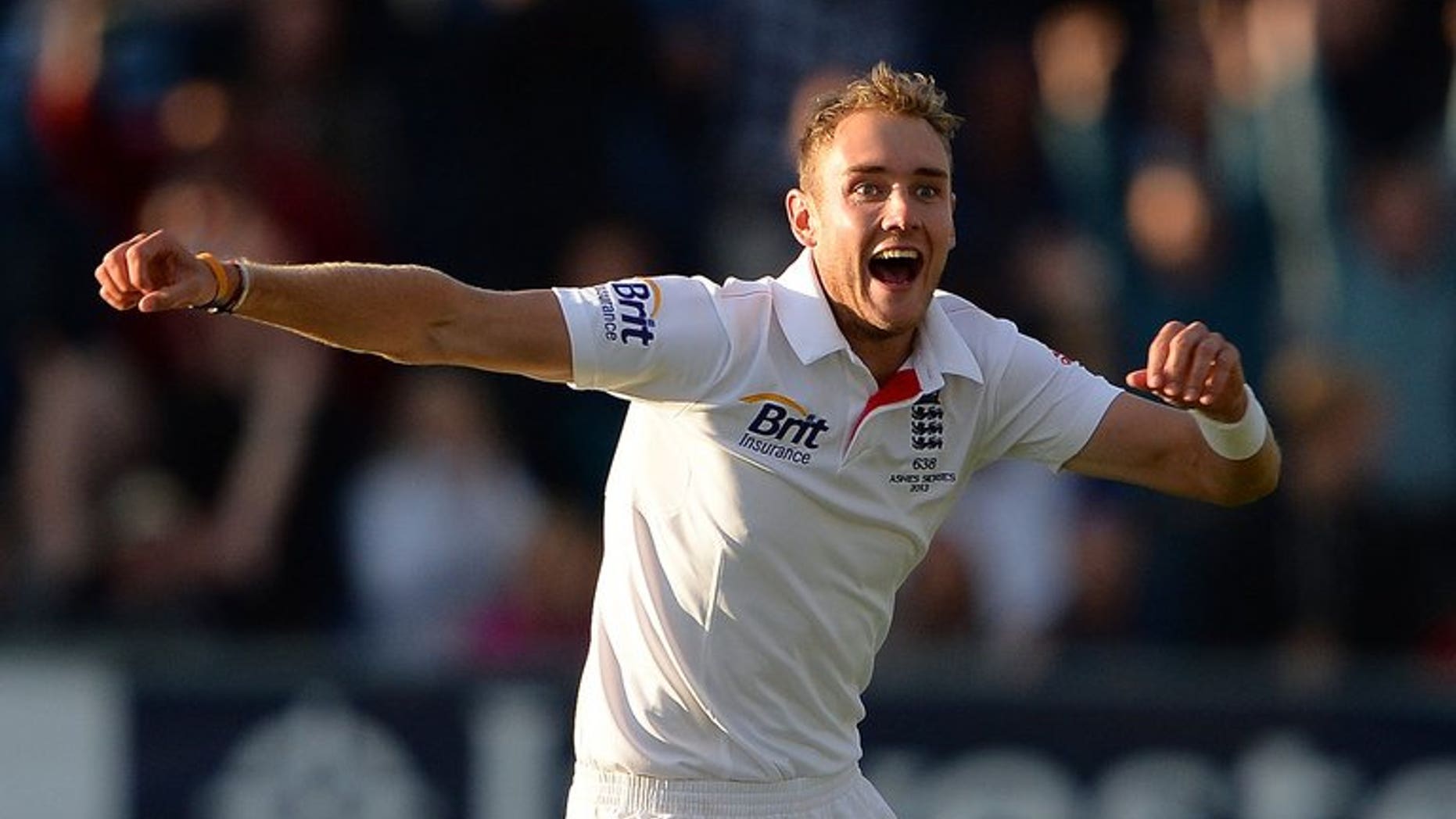 England's Stuart Broad celebrates at the Durham cricket ground on August 12, 2013. Broad has insisted he's nothing to apologise for after refusing to walk in the opening Ashes Test against Australia at Trent Bridge.