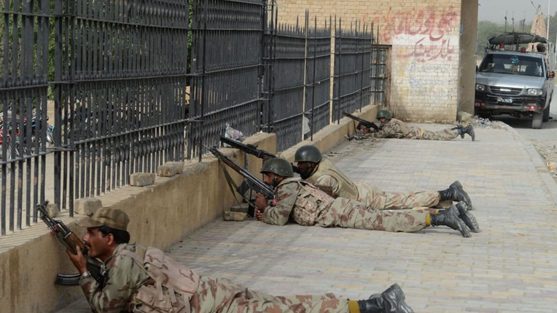 Pakistani paramilitary soldiers take position in Quetta, the capital of Baluchistan province, on June 15, 2013. Paramilitary forces Tuesday seized more than 100 tonnes of bomb-making chemicals from a truck and a compound in southwest Pakistan and detained 10 suspects, officials said.