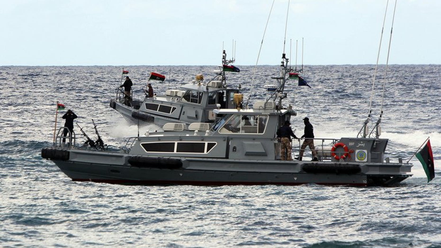 Libyan navy personnel patrol off the coast of the eastern city of Benghazi on February 17, 2013. Libya's navy has prevented a tanker from "illegally entering" Al-Sedra oil terminal in the east of the country, the army's general staff said Tuesday, as protests paralysed several ports.