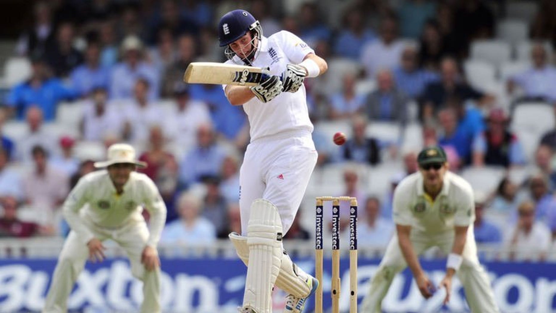 England's Joe Root plays a pull shot to reach his half century on the third day of the fifth Ashes Test agaisnt Australia at The Oval in south London on August 23, 2013. Root scored only his second fifty of this Ashes after Australia captured the prize wicket of England captain Alastair Cook on Friday.