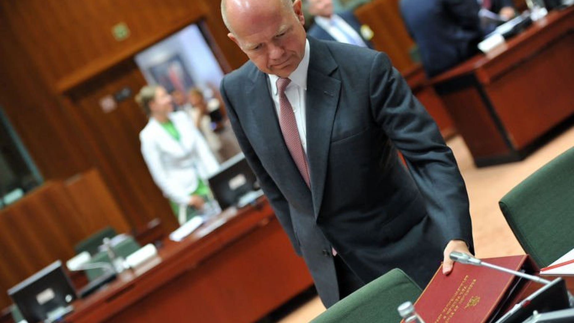 Britains's Foreign Secretary William Hague arrives on August 21, 2013 at the European Headquarters. The British government believes the Syrian regime of President Bashar al-Assad is responsible for an alleged chemical weapons attack this week, Hague said Friday.