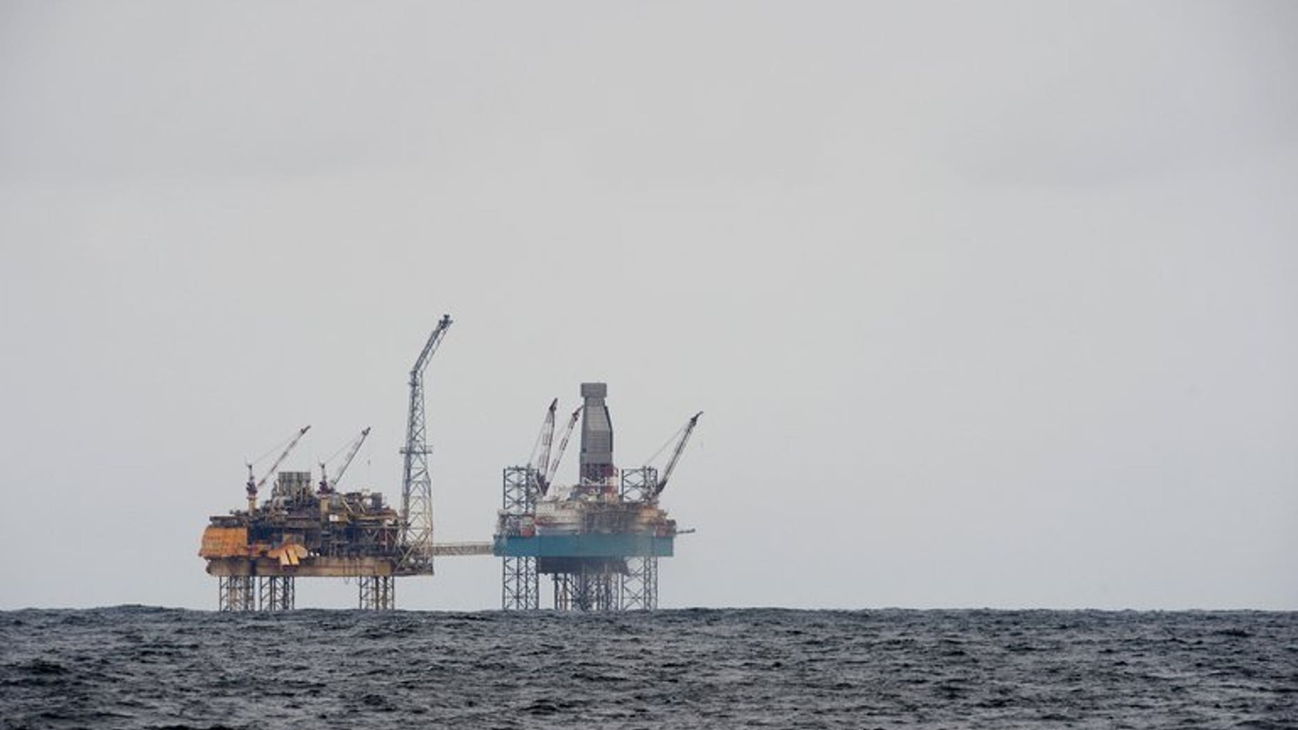 A rig, 150 miles (240 kms) from Aberdeen in eastern Scotland, in the North Sea is pictured on April 2, 2012. Three people remained unaccounted for on Friday after a helicopter transporting 18 people between oil rigs in the North Sea ditched, according to the Scottish coastguard.
