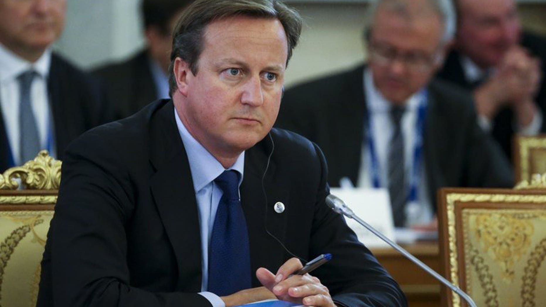Britain's Prime Minister David Cameron attends the first working session at the G20 summit on September 5, 2013 in Saint Petersburg. Cameron said on Thursday that Britain had further evidence of the use of chemical weapons in Syria, which a British source said confirmed the use of sarin.