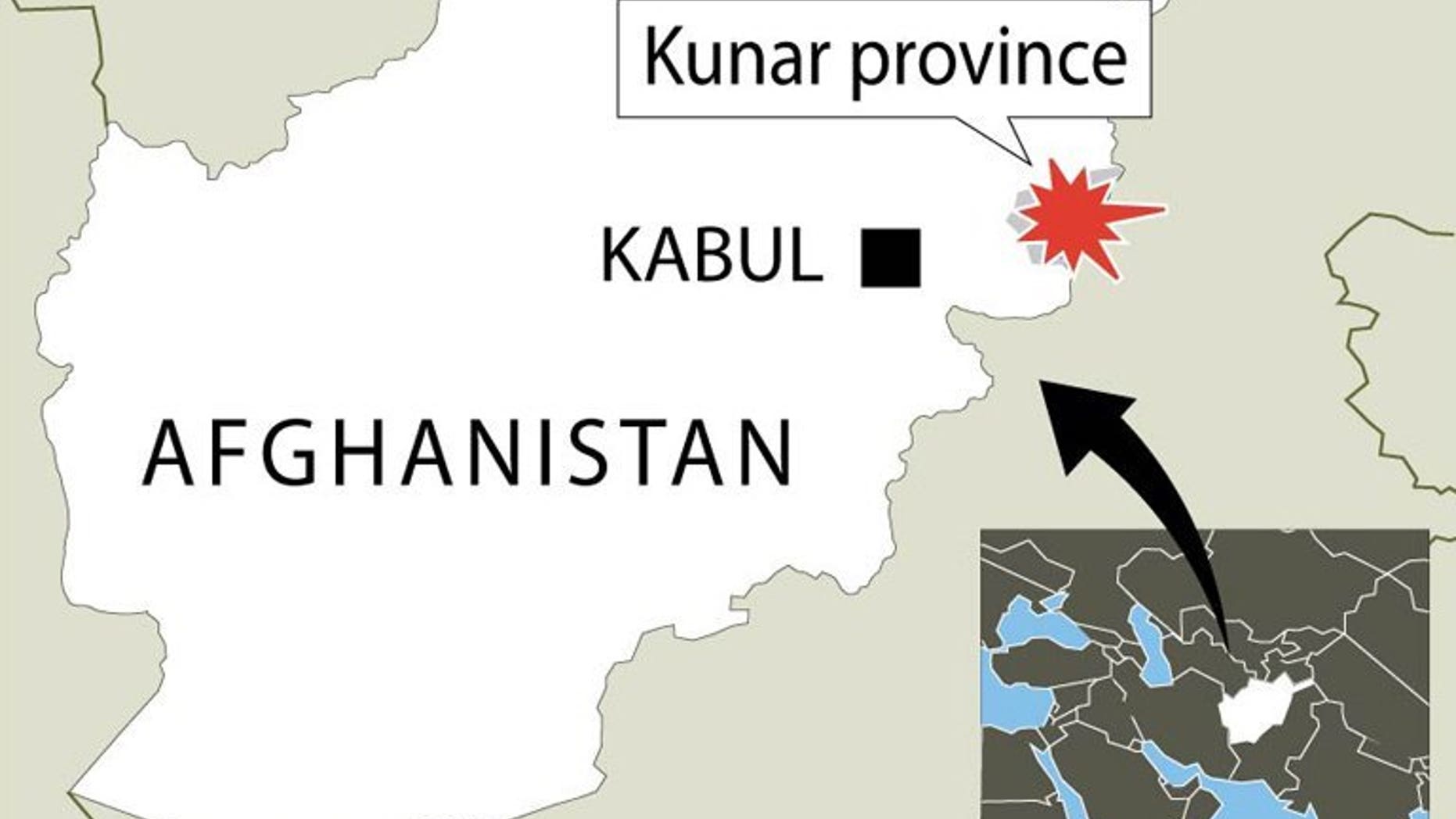 Map showing Kunar province where at least ten civilians have been killed in a NATO airstrike on a pickup truck carrying women and children, according to Afghan provincial officials.