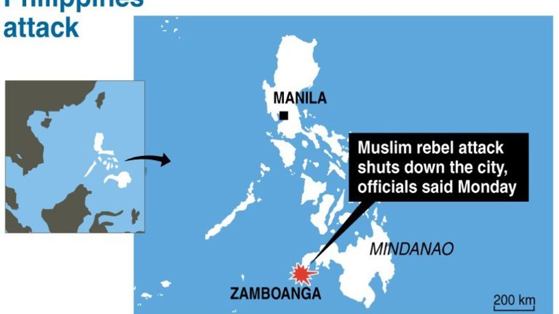 Map locating Zamboanga in the Philippines were an attack by Muslim rebels has closed down the city, according to officials Monday.