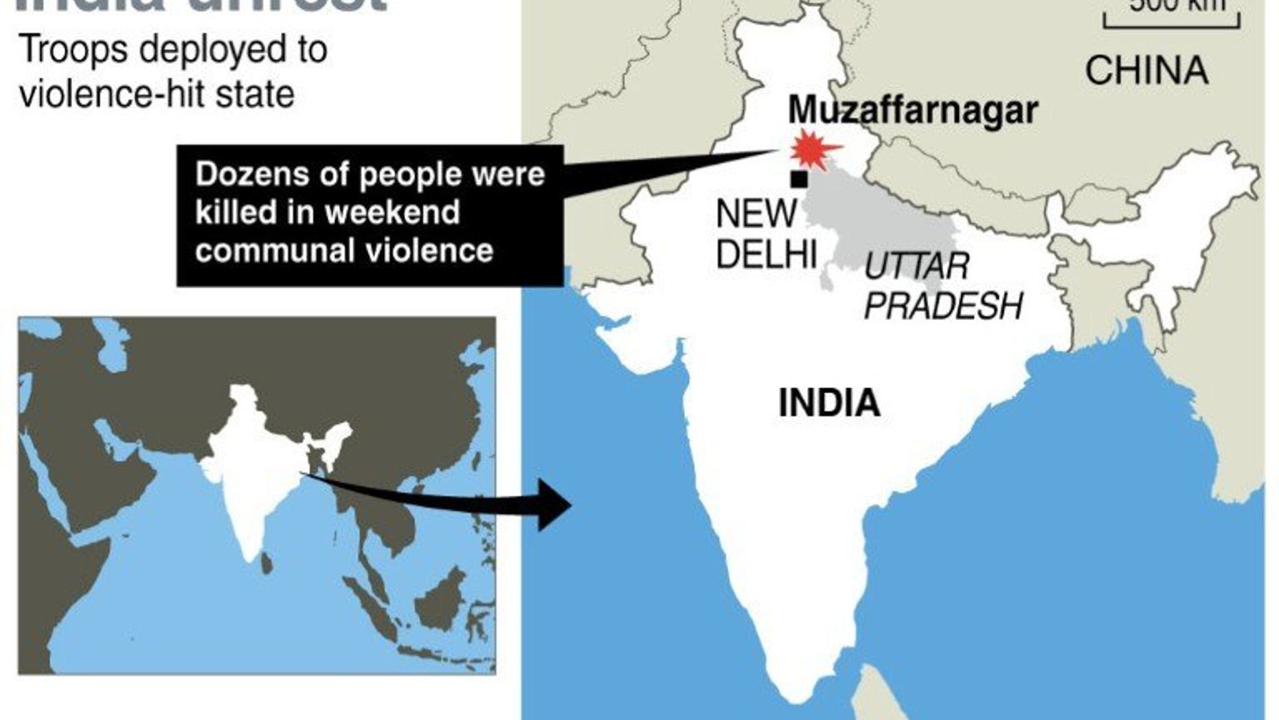 Graphic map showing Muzaffarnagar district in India where hundreds of troops have been deployed after at least 23 people were killed in a weekend of communal violence.
