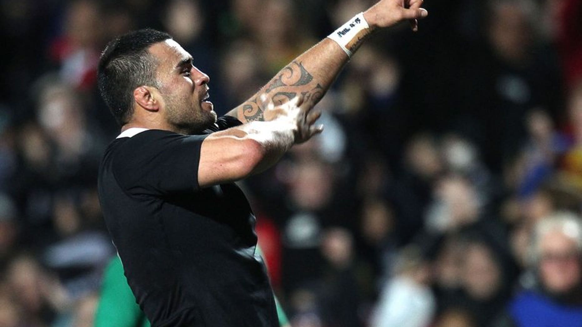 Liam Messam of New Zealand celebrates a try at Waikato Stadium in Hamilton on June 23, 2012.
