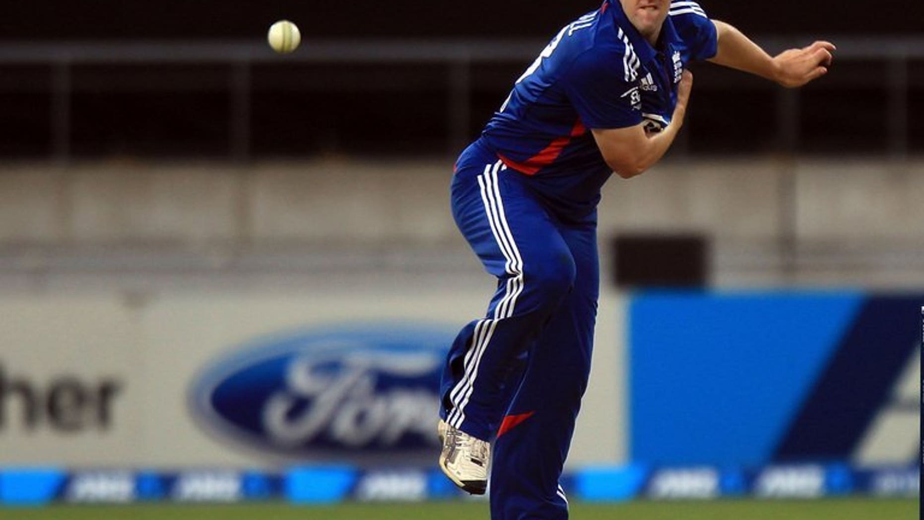 England's James Tredwell bowls during the International Twenty20 cricket match between New Zealand and England played at the Westpac Stadium in Wellington on February 15, 2013.