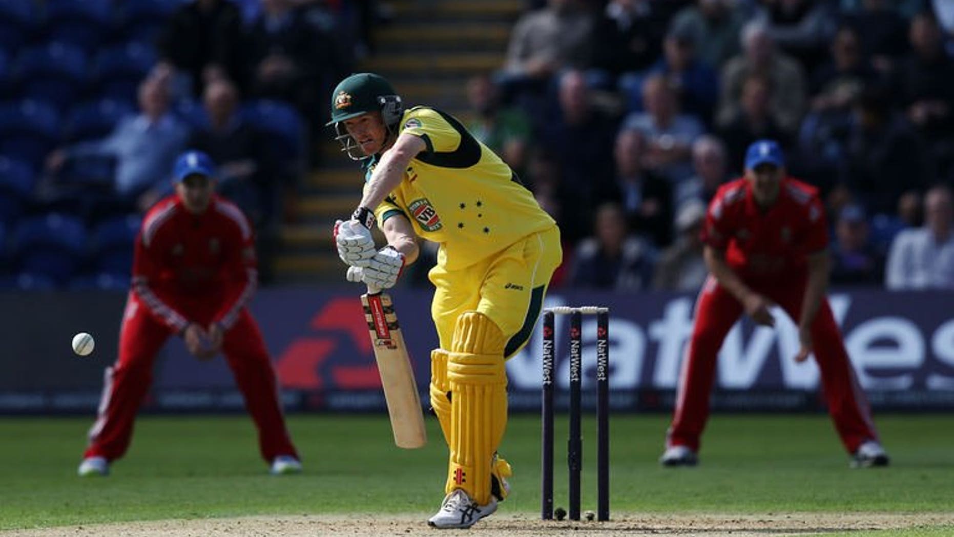 Australia's George Bailey plays a shot during the fourth one day international between England and Australia in Cardiff on September 14, 2013. Bailey top scored with 87 as Australia struggled to make a competitive first innings total.