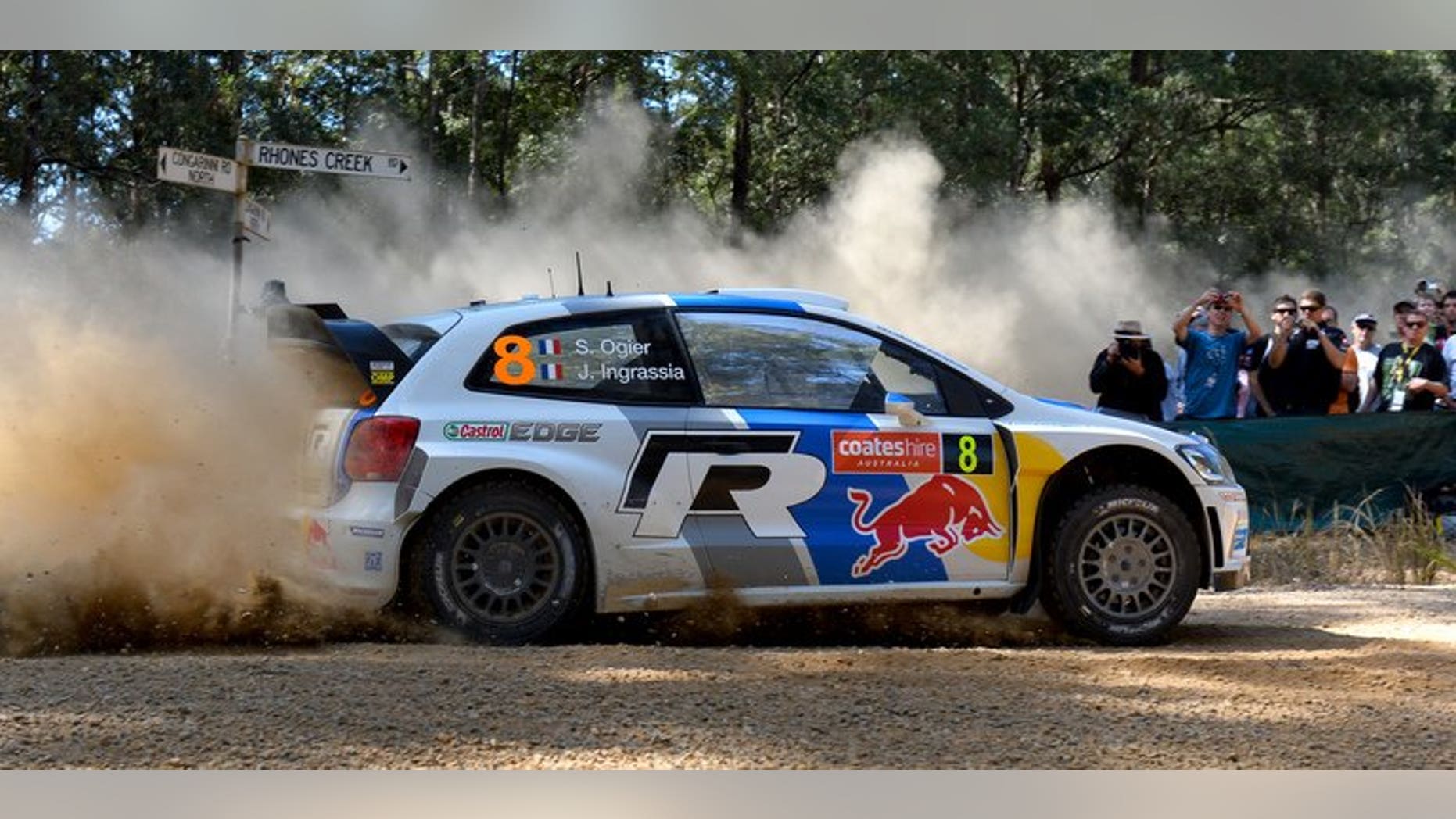 Volkswagen driver Sebastien Ogier of France slides his car through a corner in Rally Australia in the World Rally Championship (WRC) in Coffs Harbour on September 14, 2013.