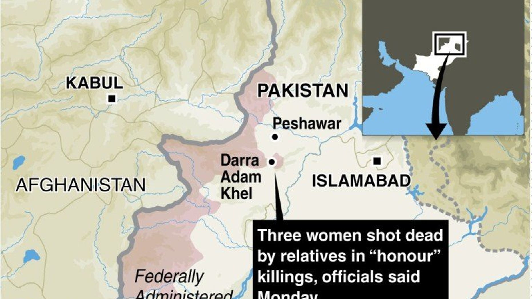 Graphic map showing Darra Adam Khel in Pakistan's tribal area where relatives have shot dead three women in 'honour' killings, according to officials Monday.