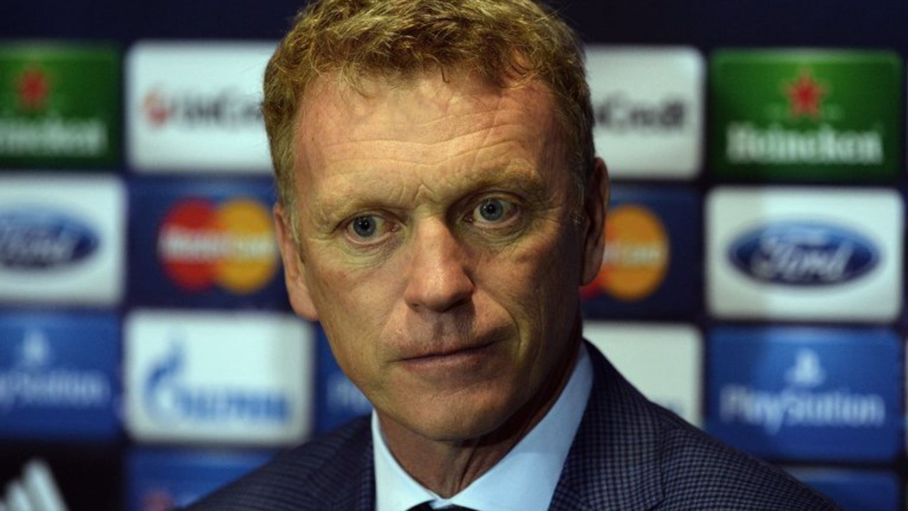 Manchester United's Scottish manager David Moyes holds a press conference at Old Trafford in Manchester, northwest England, on September 16, 2013, ahead of the UEFA Champions League Group A football match between Manchester United and Bayer Leverkusen on September 17.