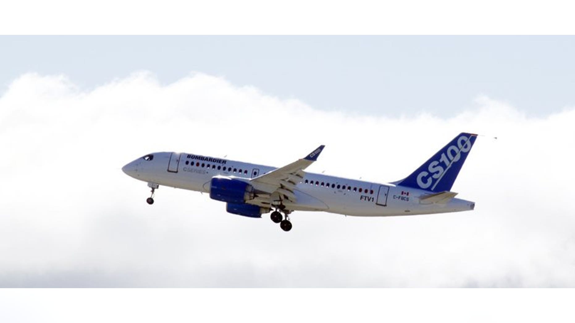 The new Bombardier aircraft CS100 is shown in Mirabel, Quebec after taking off for the first time on September 16, 2013.