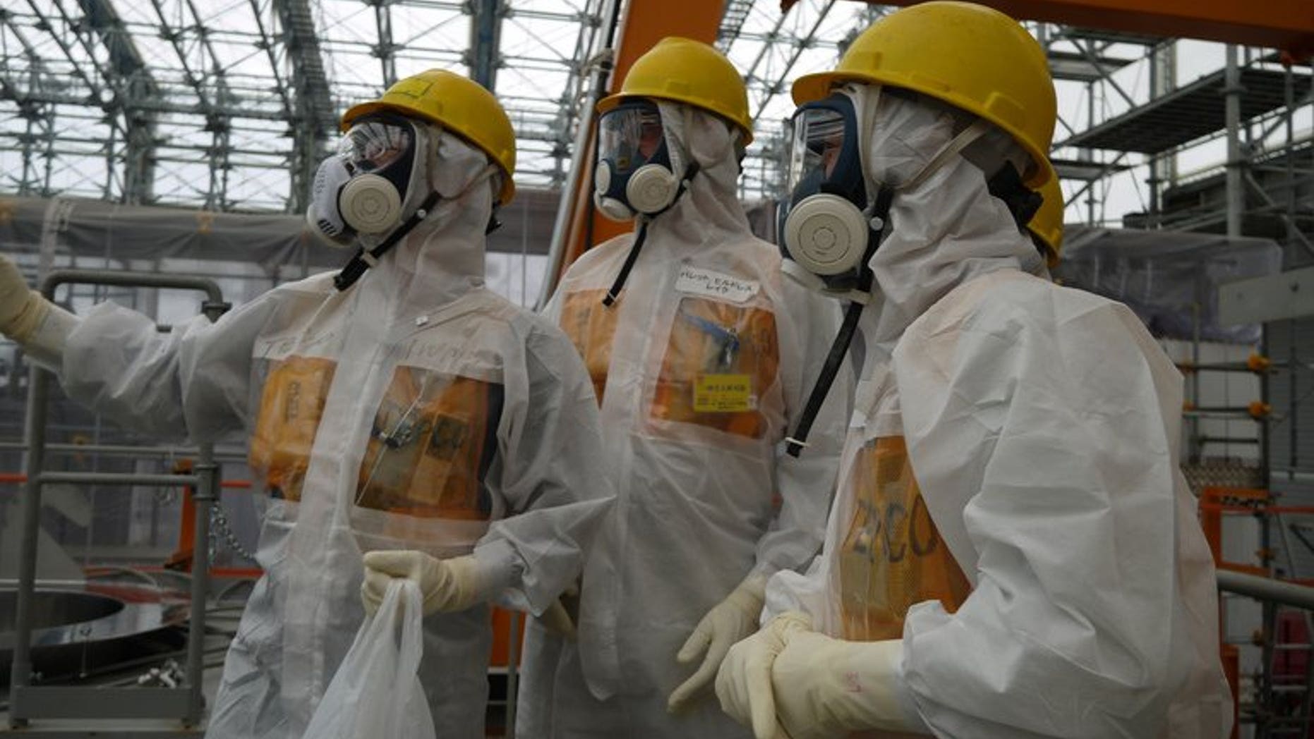 Workers inspect the Fukushima Dai-ichi nuclear power plant on September 12, 2013, in a photo taken by Tokyo Electric Power Co (TEPCO). Japanese Prime Minister Shinzo Abe Thursday ordered the operator of the crippled Fukushima nuclear plant to work out a schedule for stemming radioactive water leaks as he toured the facility.