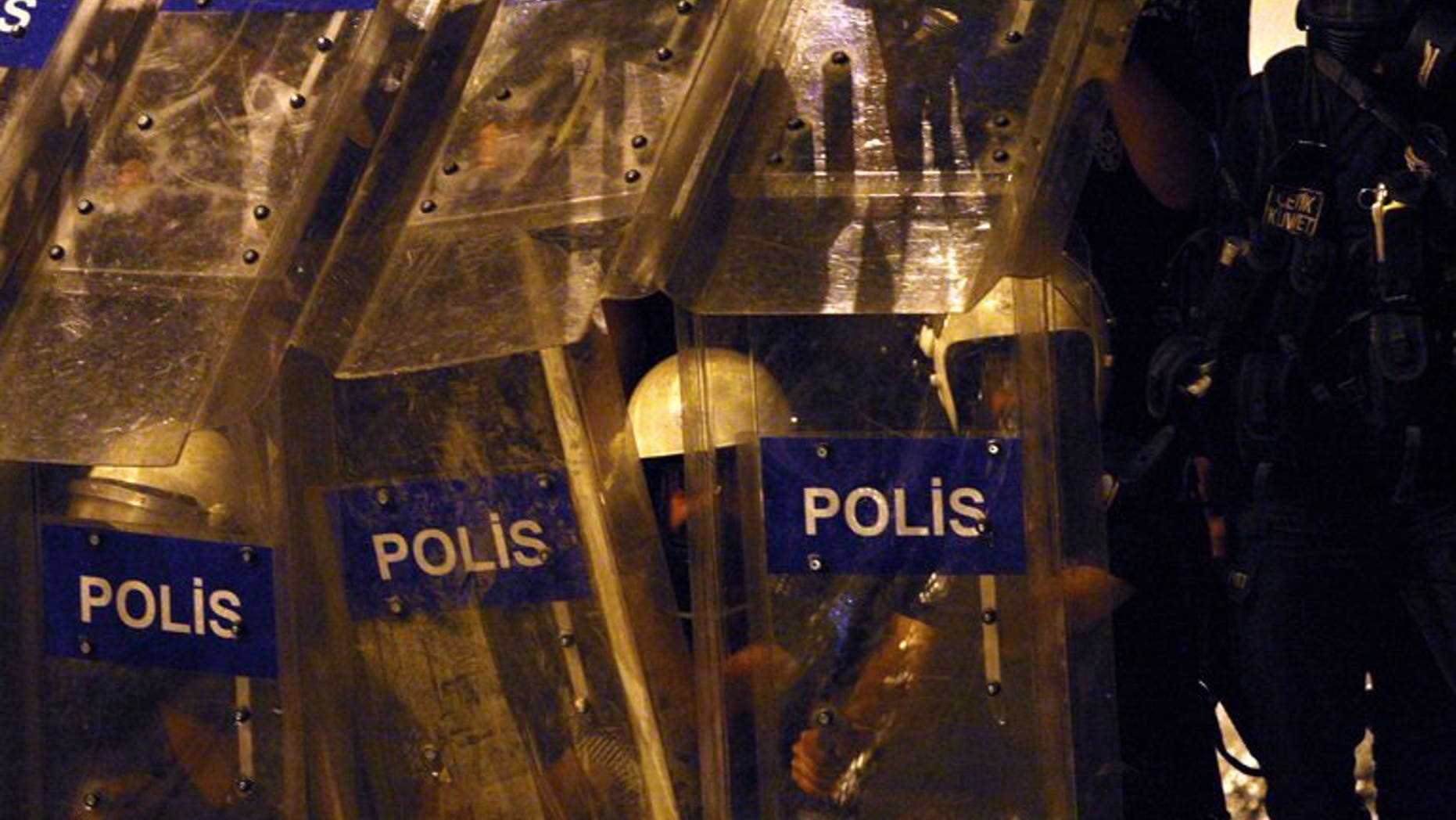 Riot police gather in front of anti-government protesters in central Ankara on June 26, 2013.