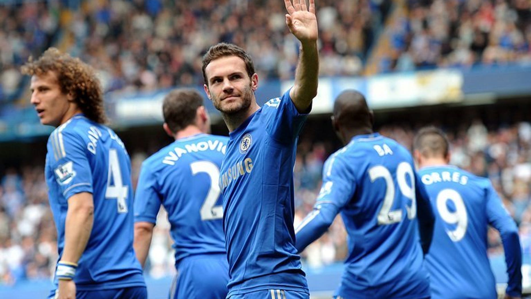 Chelsea's Spanish midfielder Juan Mata celebrates after scoring the opening goal against Everton at Stamford Bridge in London on May 19, 2013. Mata's status at Chelsea appears increasingly fragile after manager Jose Mourinho declared that Brazilian Oscar was now his number one playmaker.