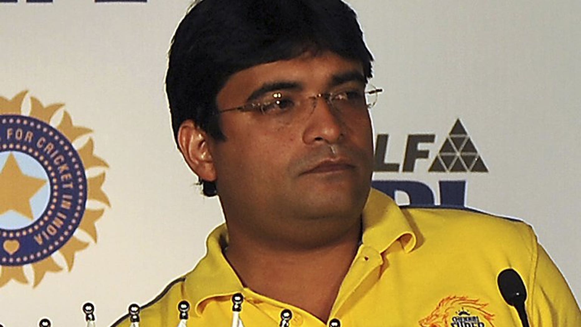 Former 'Chennai Super Kings' owner Gurunath Meiyappan attends a press conference iin Bangalore, on February 4, 2012. Mumbai police have filed charges against Meiyappan -- the son-in-law of India's cricket chief -- for gambling, cheating and conspiracy, in a scandal that has engulfed the country's Twenty20 league.