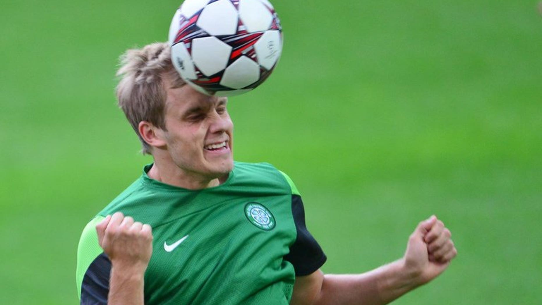 Celtic's Finn forward Teemu Pukki trains on September 17, 2013. Celtic held off a late St Johntsone rally to claim a 2-1 win at Parkhead on Saturday that moves them level on points with Inverness Caledonian Thistle at the top of the Scottish Premiership.