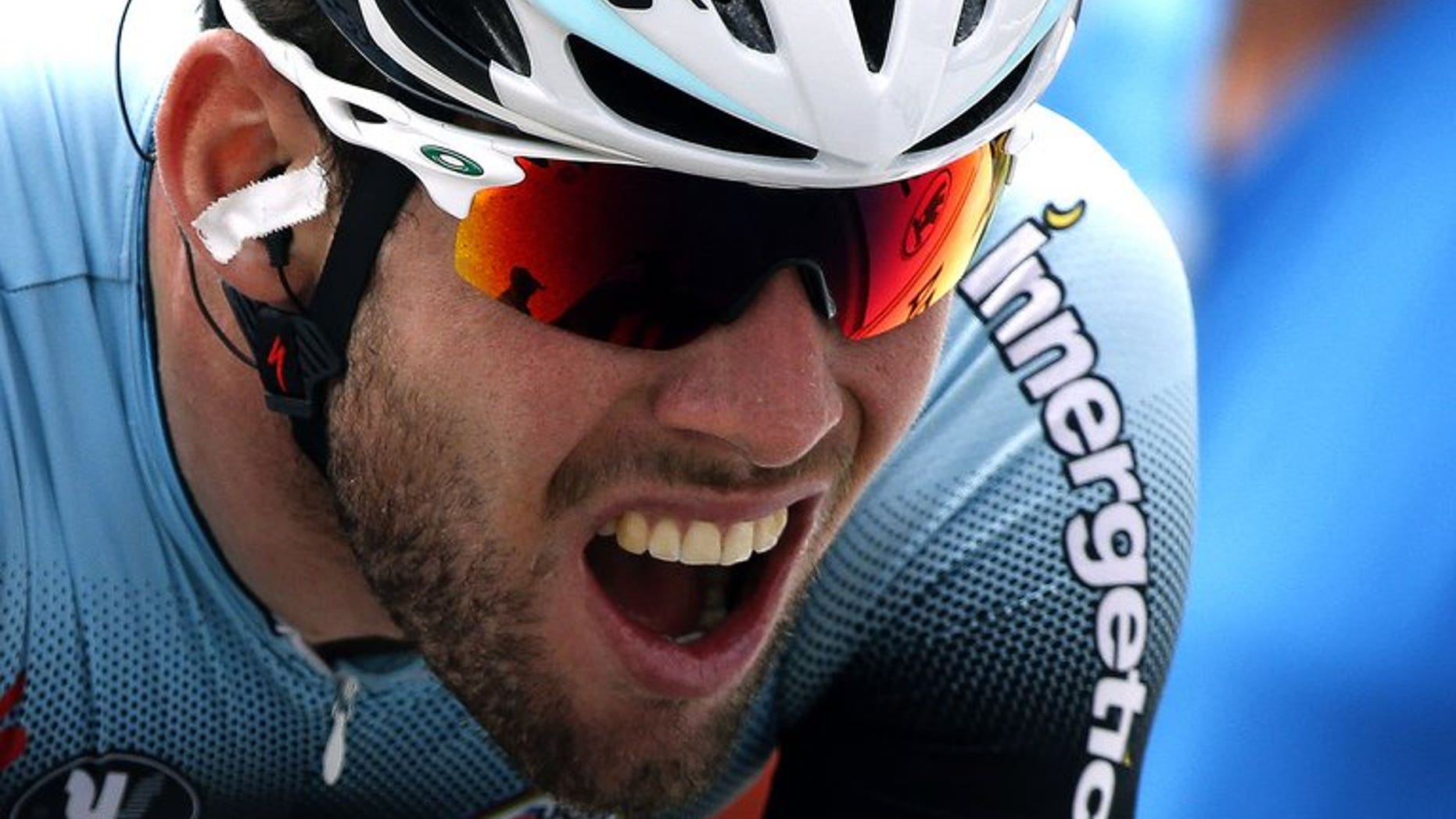 Mark Cavendish, pictured in action on July 17, 2013, beat Italy's Elia Viviani to win the penultimate stage of the Tour of Britain on Saturday.