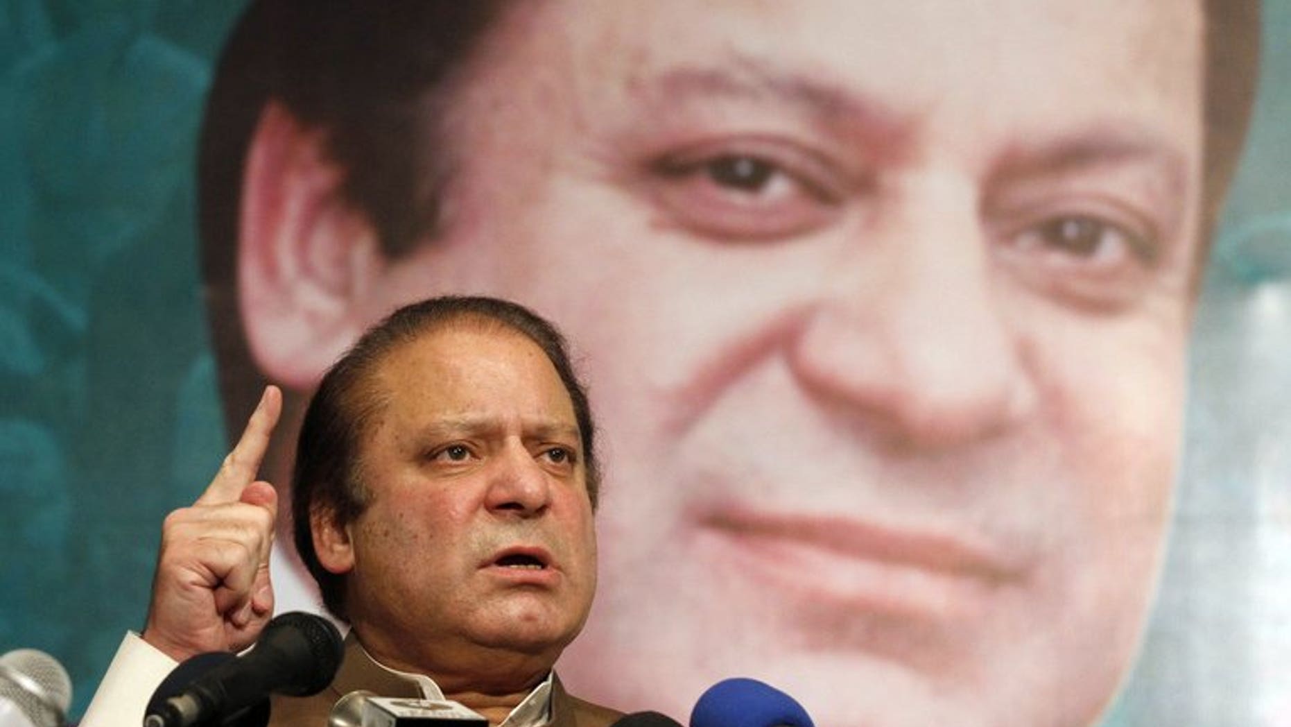 Pakistan's then incoming Prime Minister Nawaz Sharif addresses his party's newly elected MPs in Lahore on May 20, 2013.